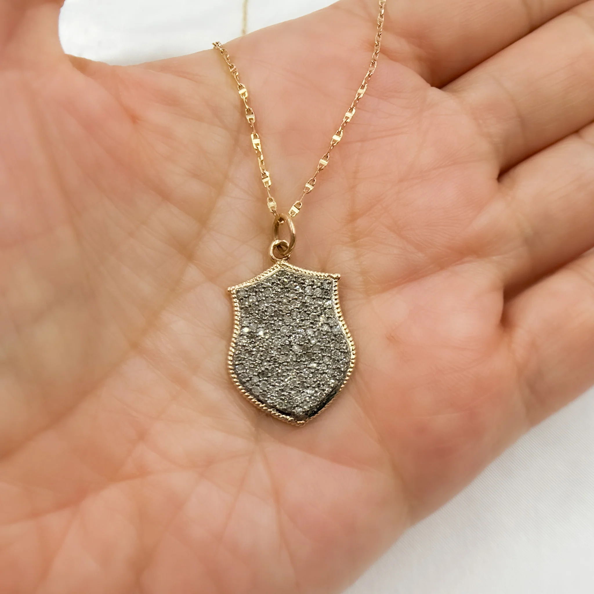 14k Solid Gold and Sterling Silver Black Rhodium Diamond Shield Charm. KSG58