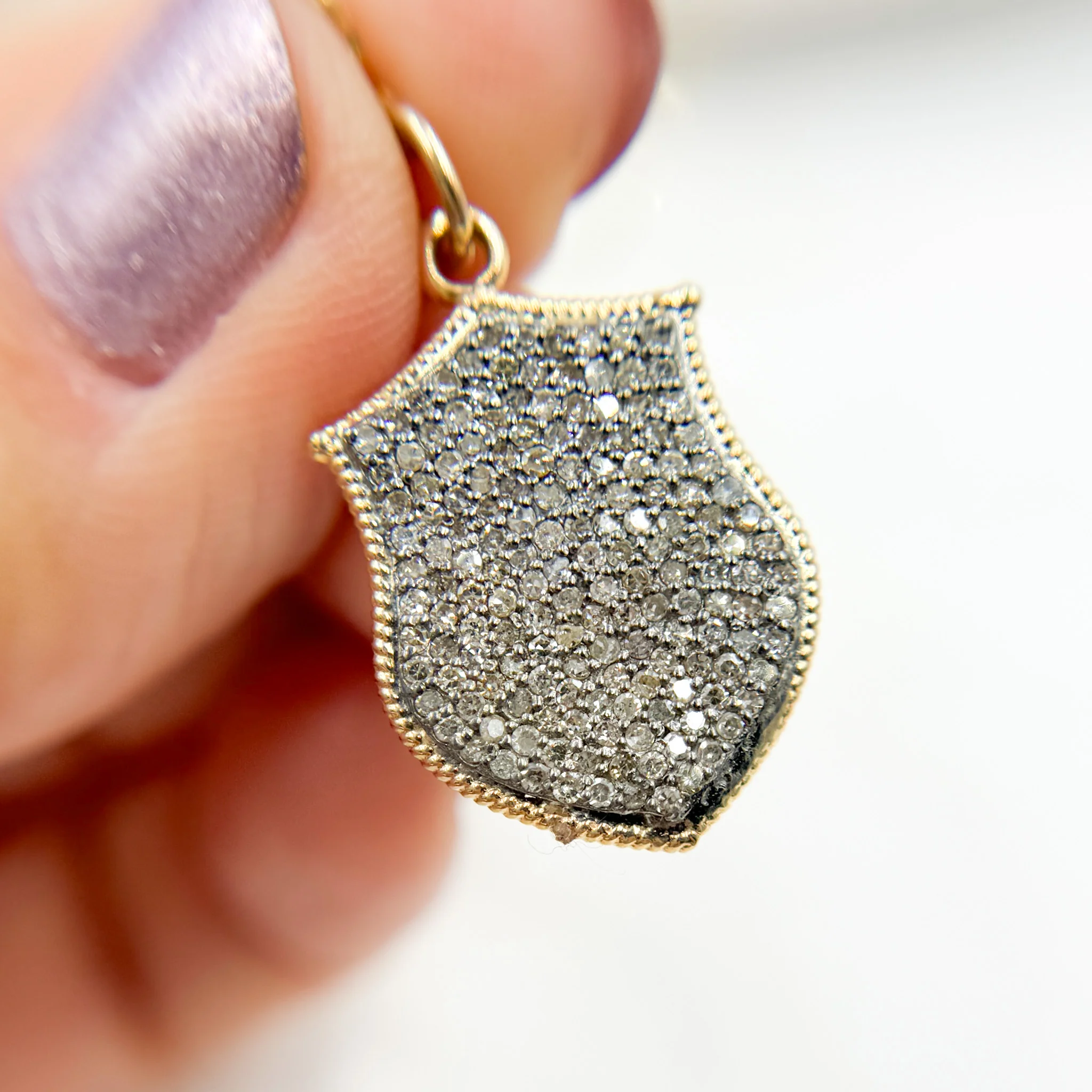 14k Solid Gold and Sterling Silver Black Rhodium Diamond Shield Charm. KSG58 - Image 2