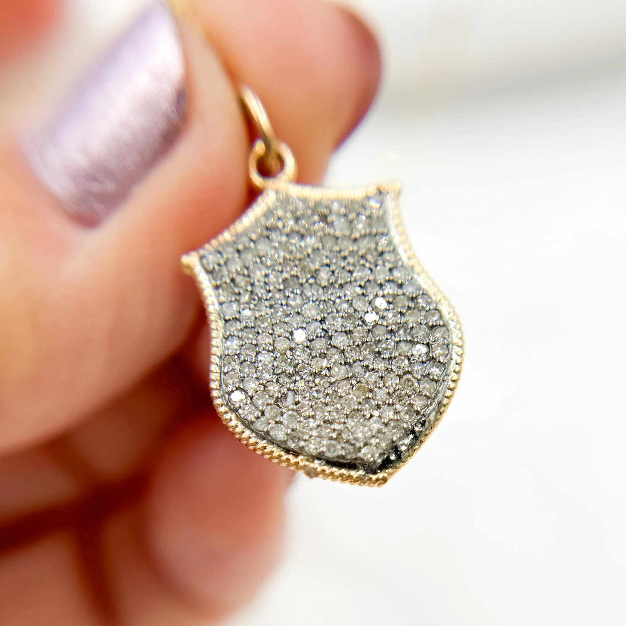 14k Solid Gold and Sterling Silver Black Rhodium Diamond Shield Charm. KSG58 - Image 4
