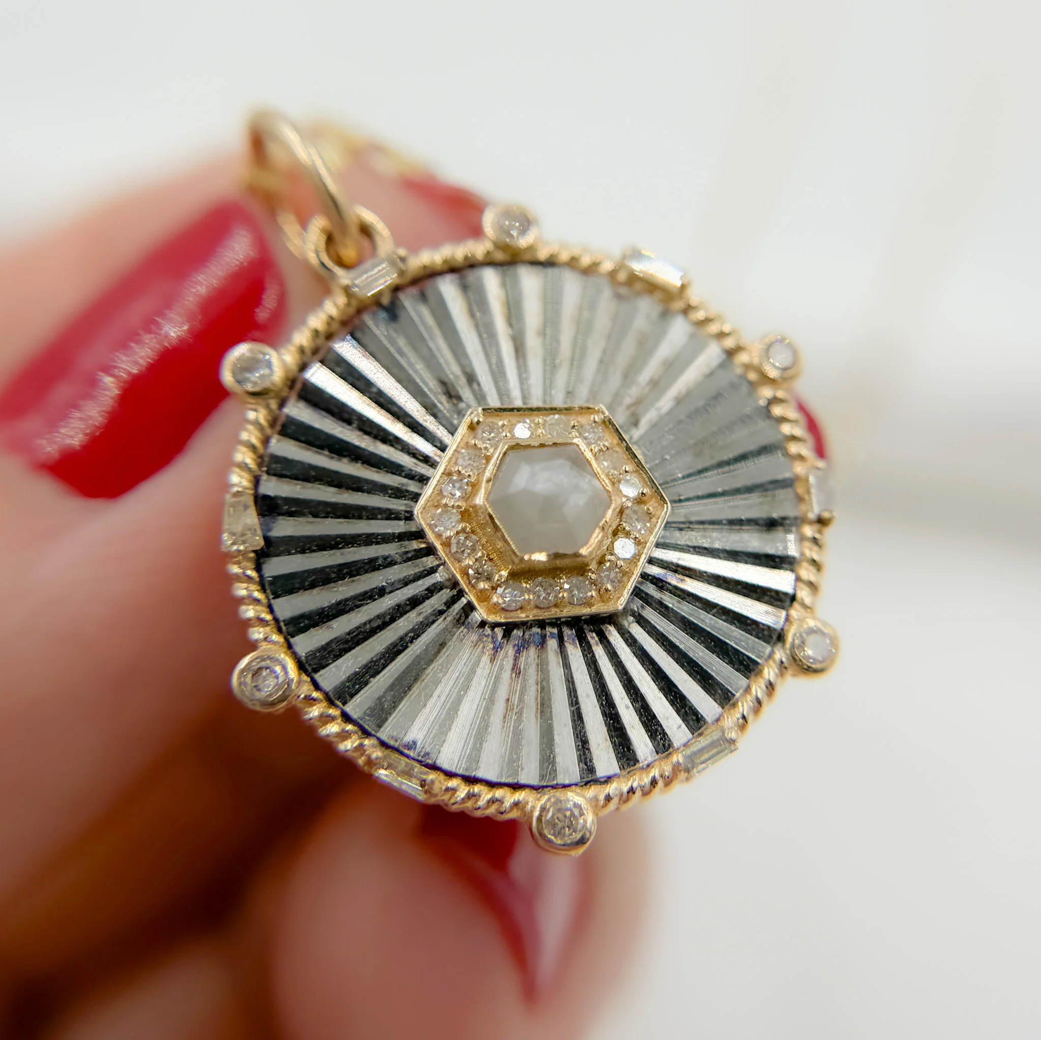 14k Solid Gold and Sterling Silver Black Rhodium Diamonds Circle Charm. KSG52 - Image 3