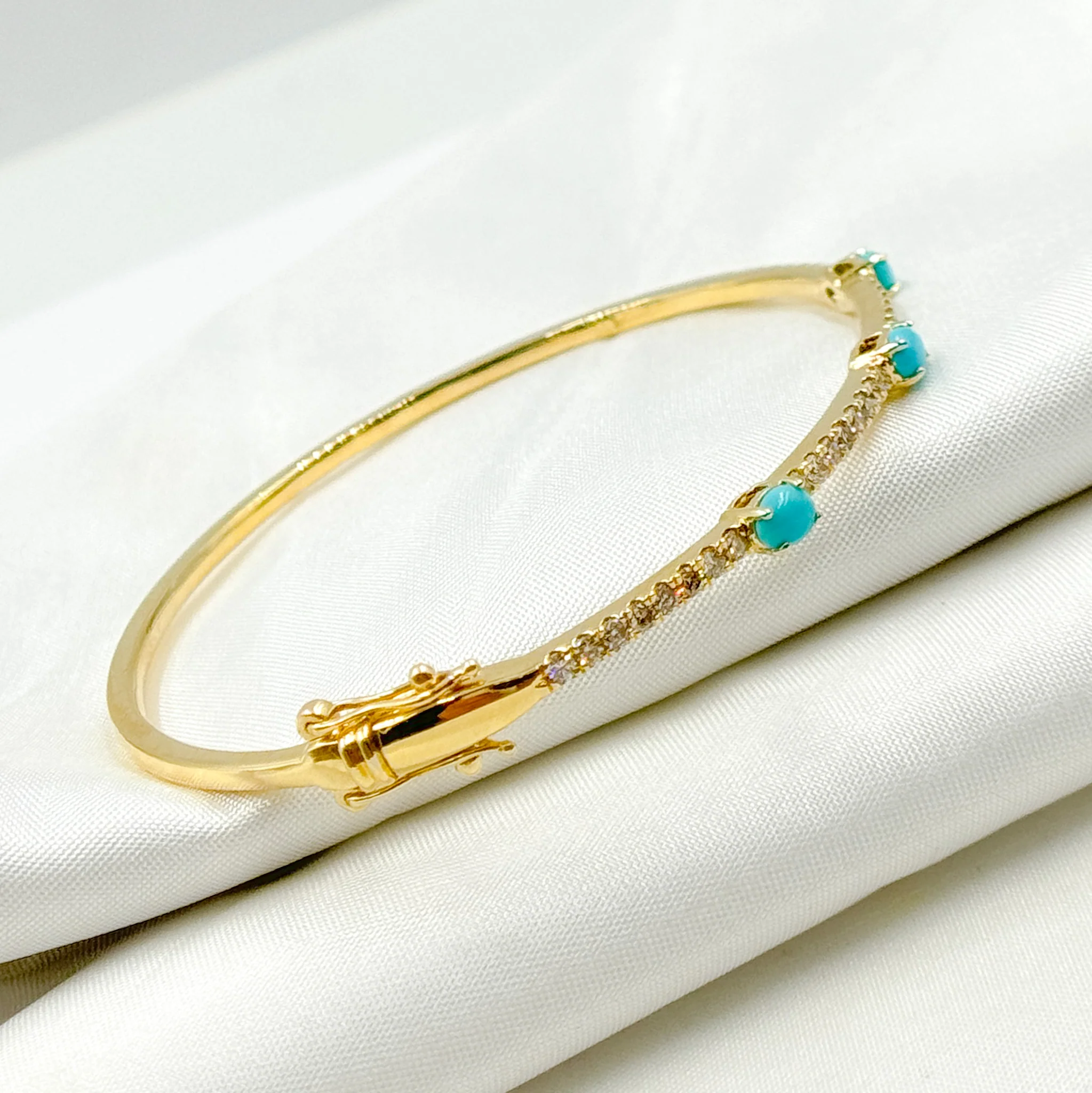 BNH68197TQ. 14K Solid Gold Bangle with Diamonds and Turquoise - Image 4