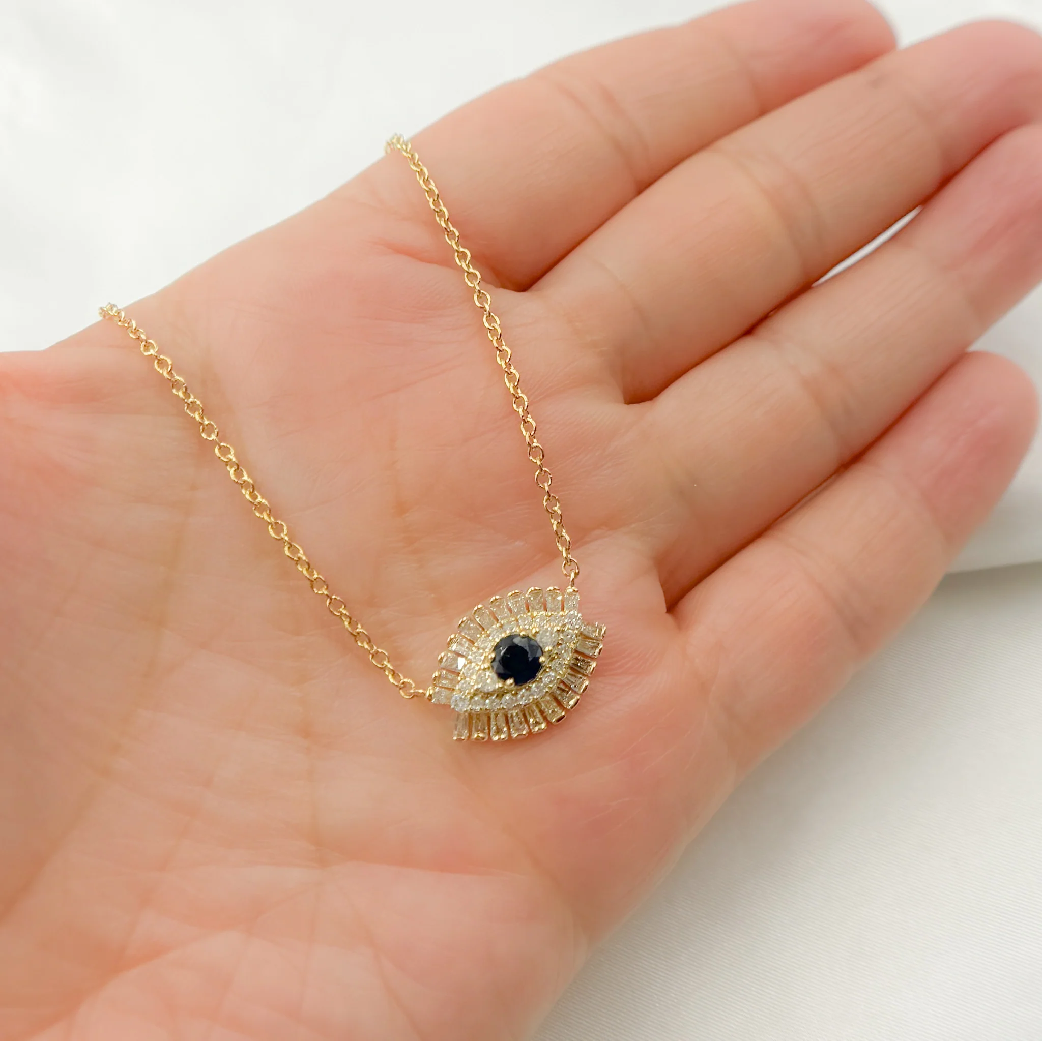 NFH71188BS. 14k Solid Gold Blue Sapphire and Diamond Eye Necklace - Image 3