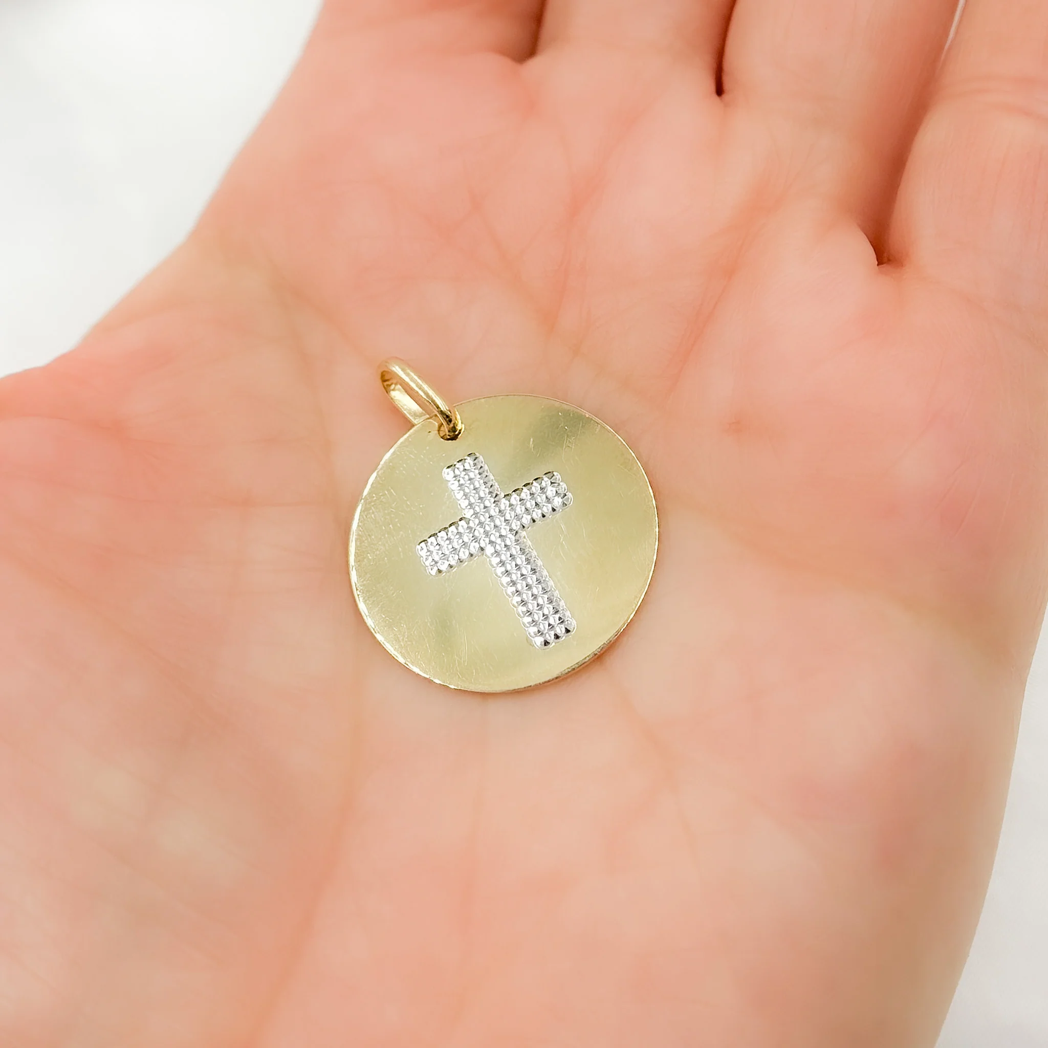 GDP672. 14K Solid Gold Circle Charm with Cross in the Center - Image 2