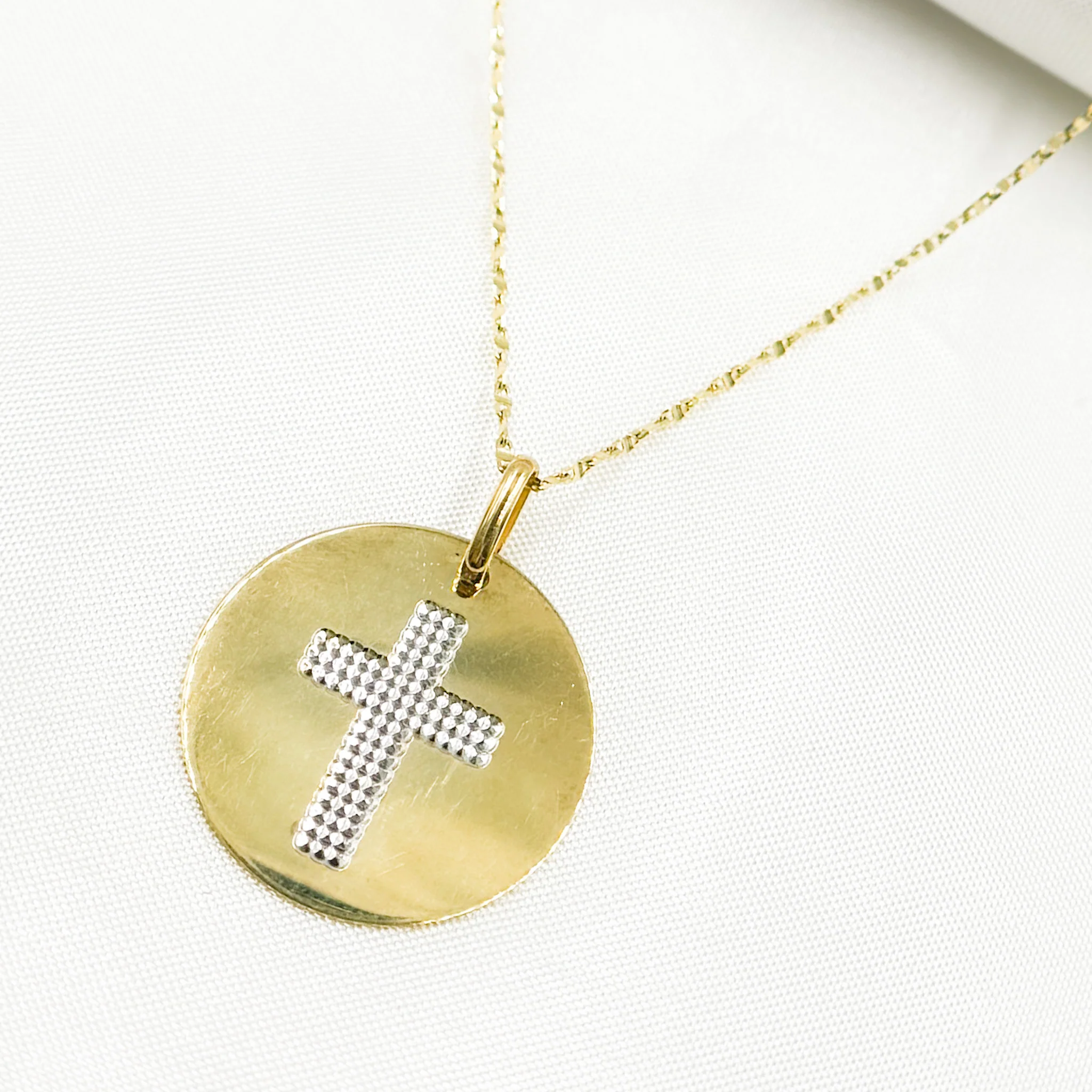 GDP672. 14K Solid Gold Circle Charm with Cross in the Center - Image 3