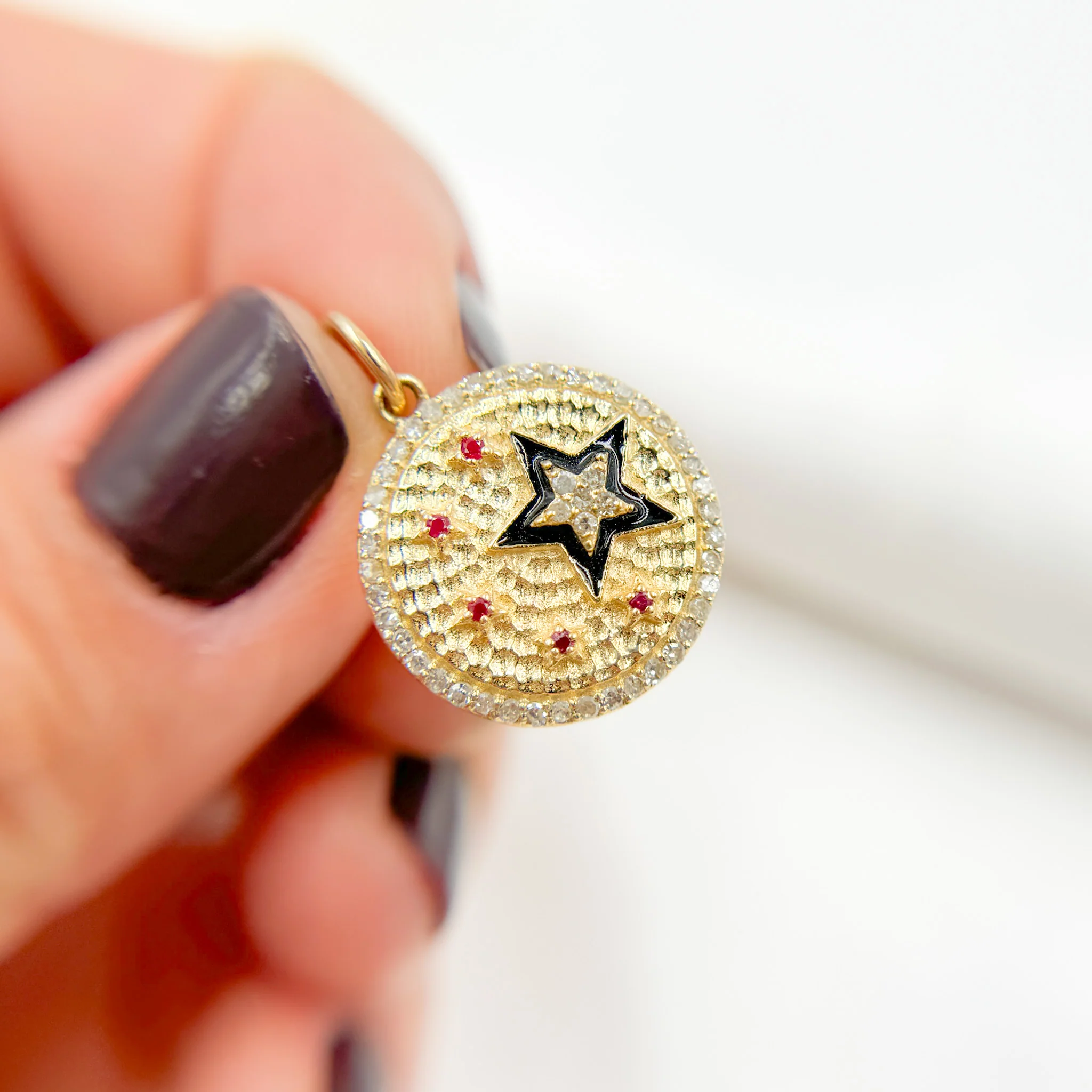 KG236. 14k Solid Gold Circle Charm with Diamonds, Gemstones, and Enamel with Stars - Image 6