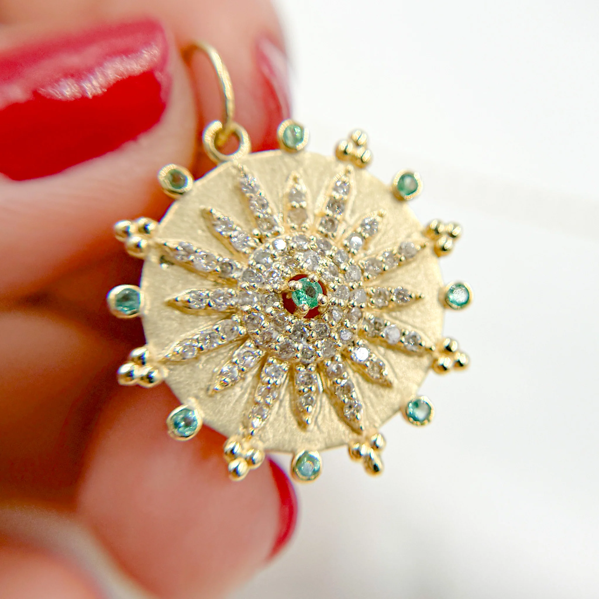 14k Solid Gold Circle Diamond and Emerald Charm. GDP633 - Image 2