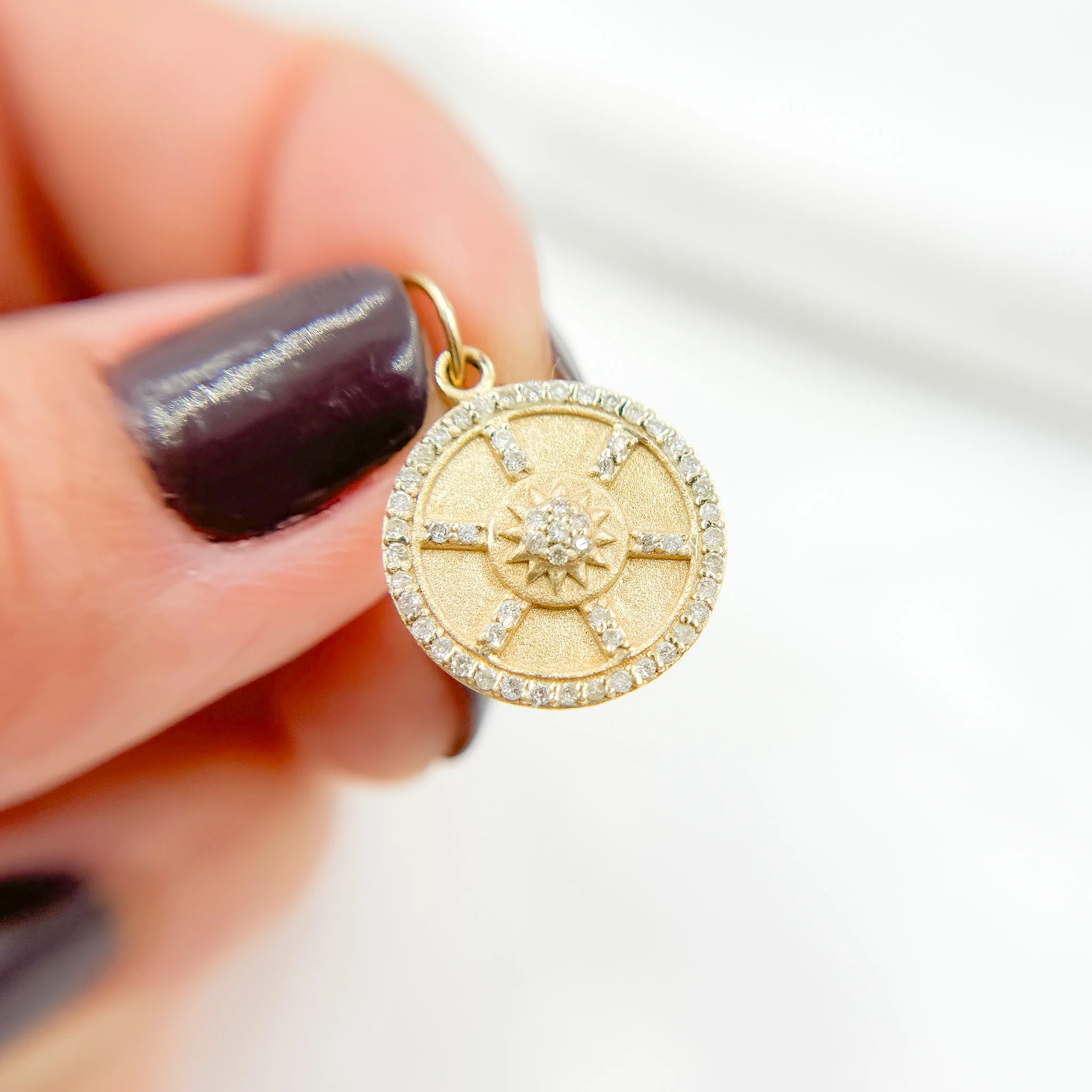 GDP519. 14k Solid Gold Circle Wheel Charm with Diamonds - Image 3