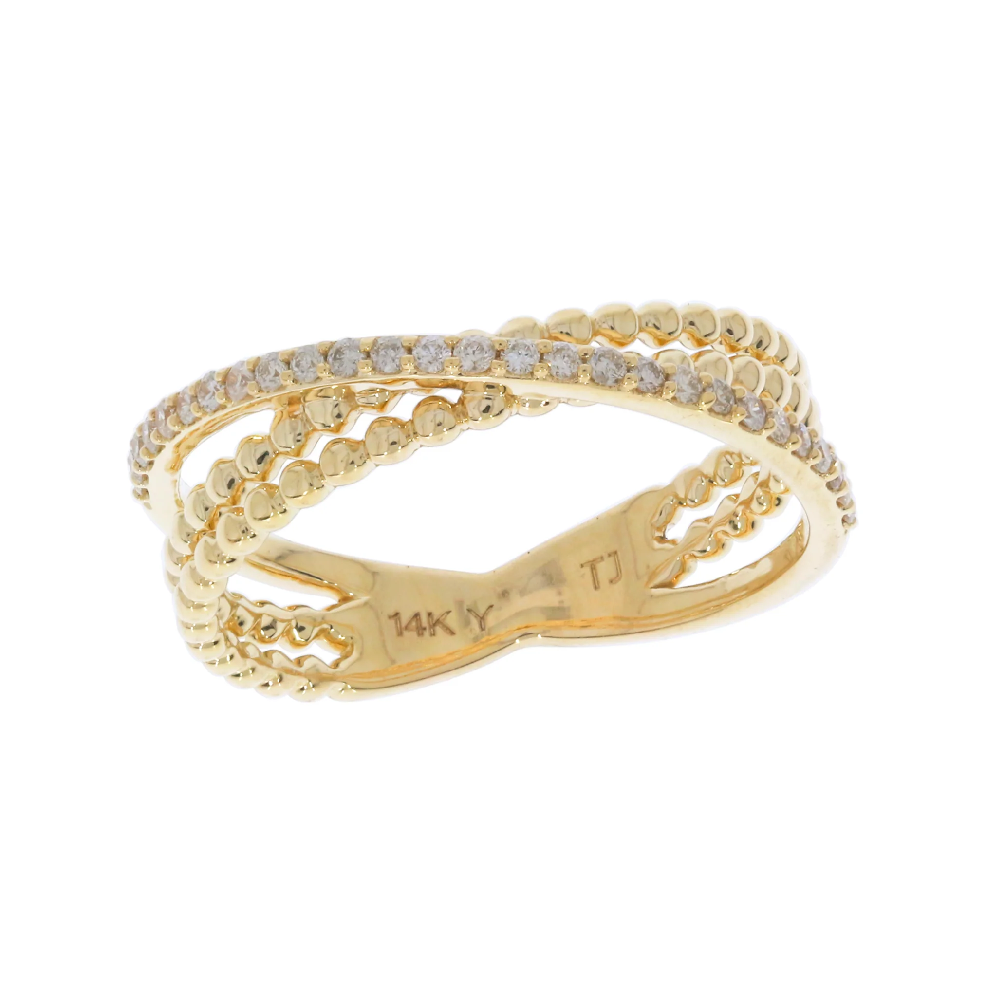 DRN01480. 14K Solid Gold Diamond and Beaded Bands Ring