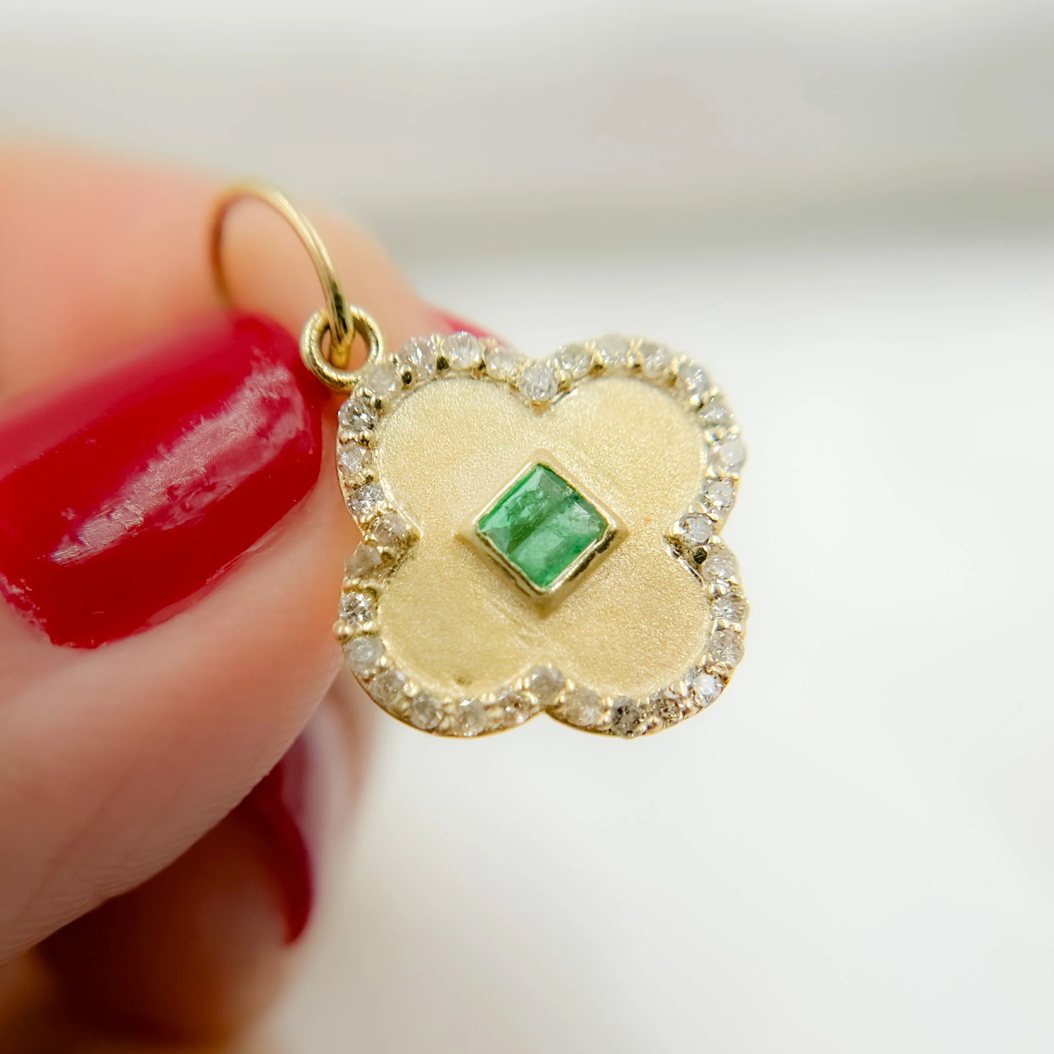 GDP648.14k Solid Gold Diamond and Emerald Clover Charm - Image 3