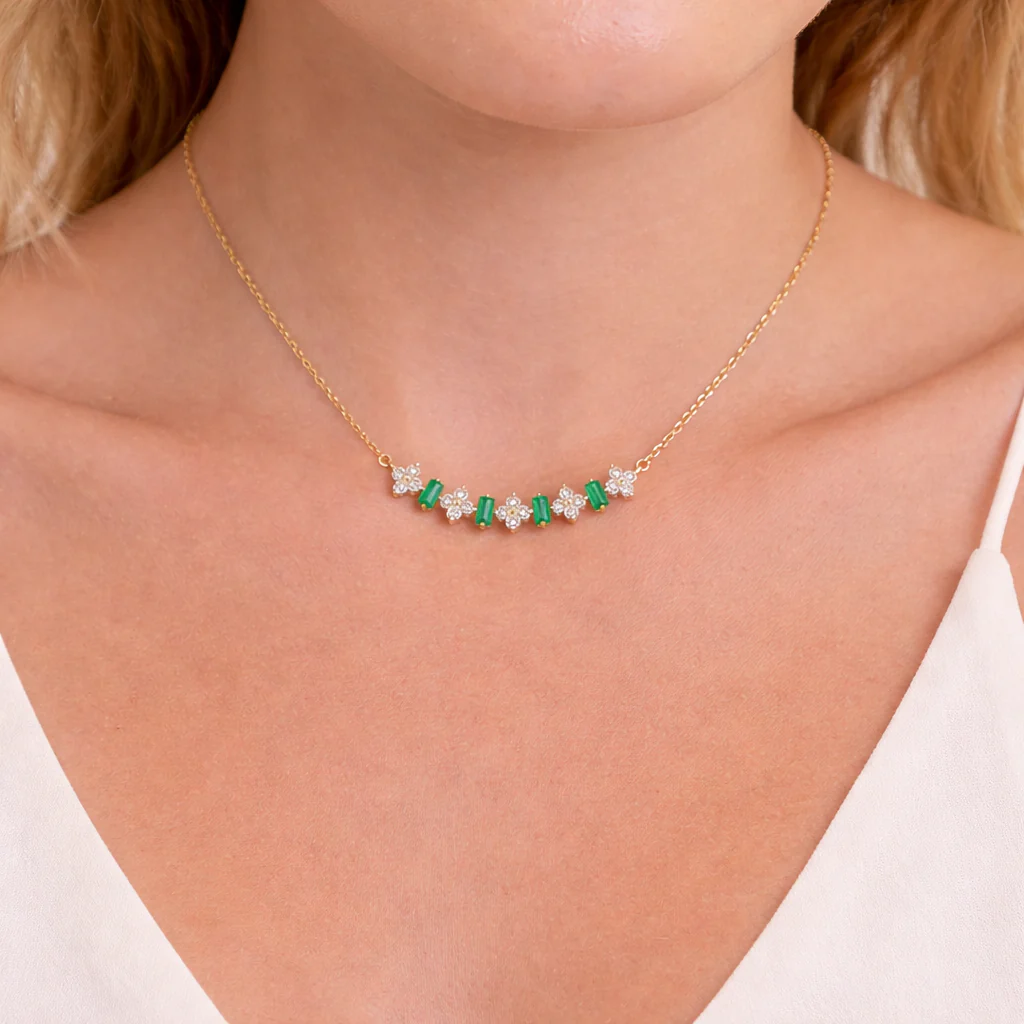 NFE71566. 14K Solid Gold Diamond and Gemstone Flower & Baguette Necklace