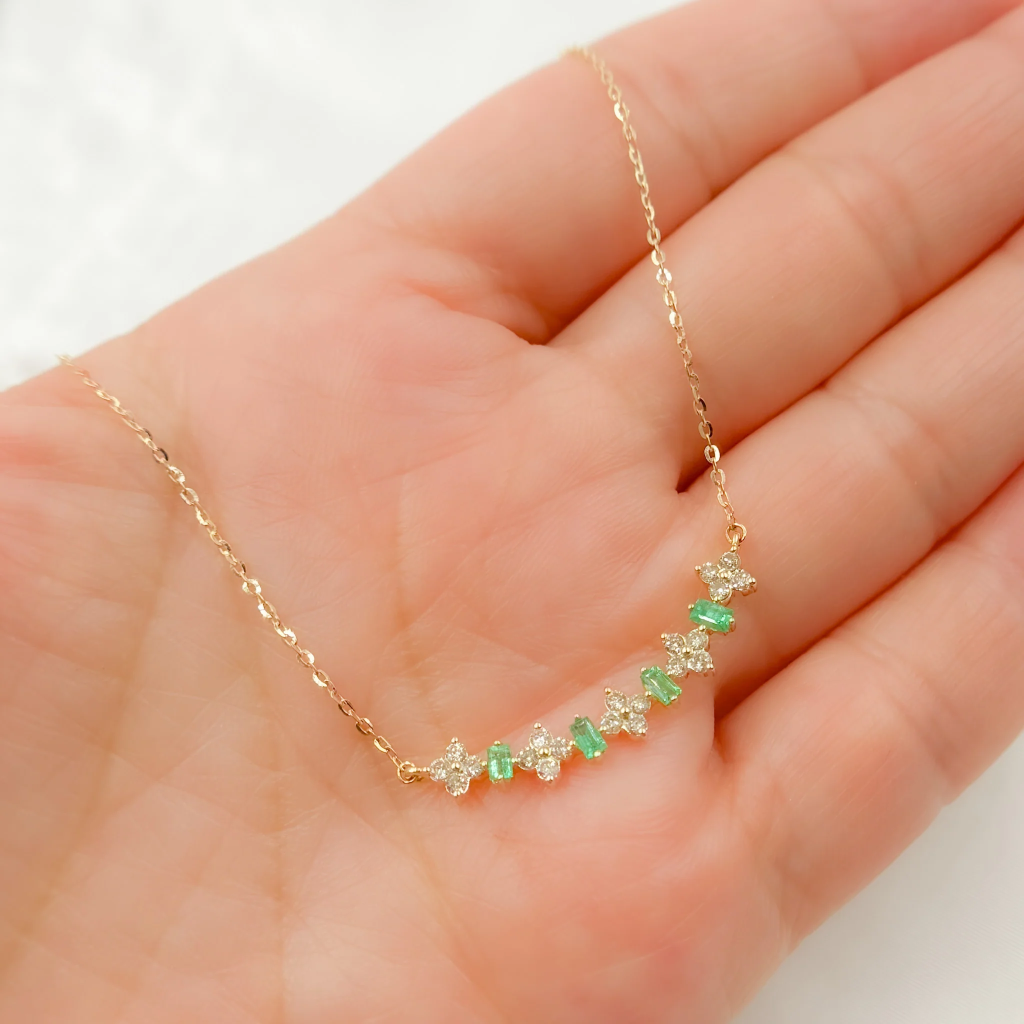 NFE71566. 14K Solid Gold Diamond and Gemstone Flower & Baguette Necklace - Image 2