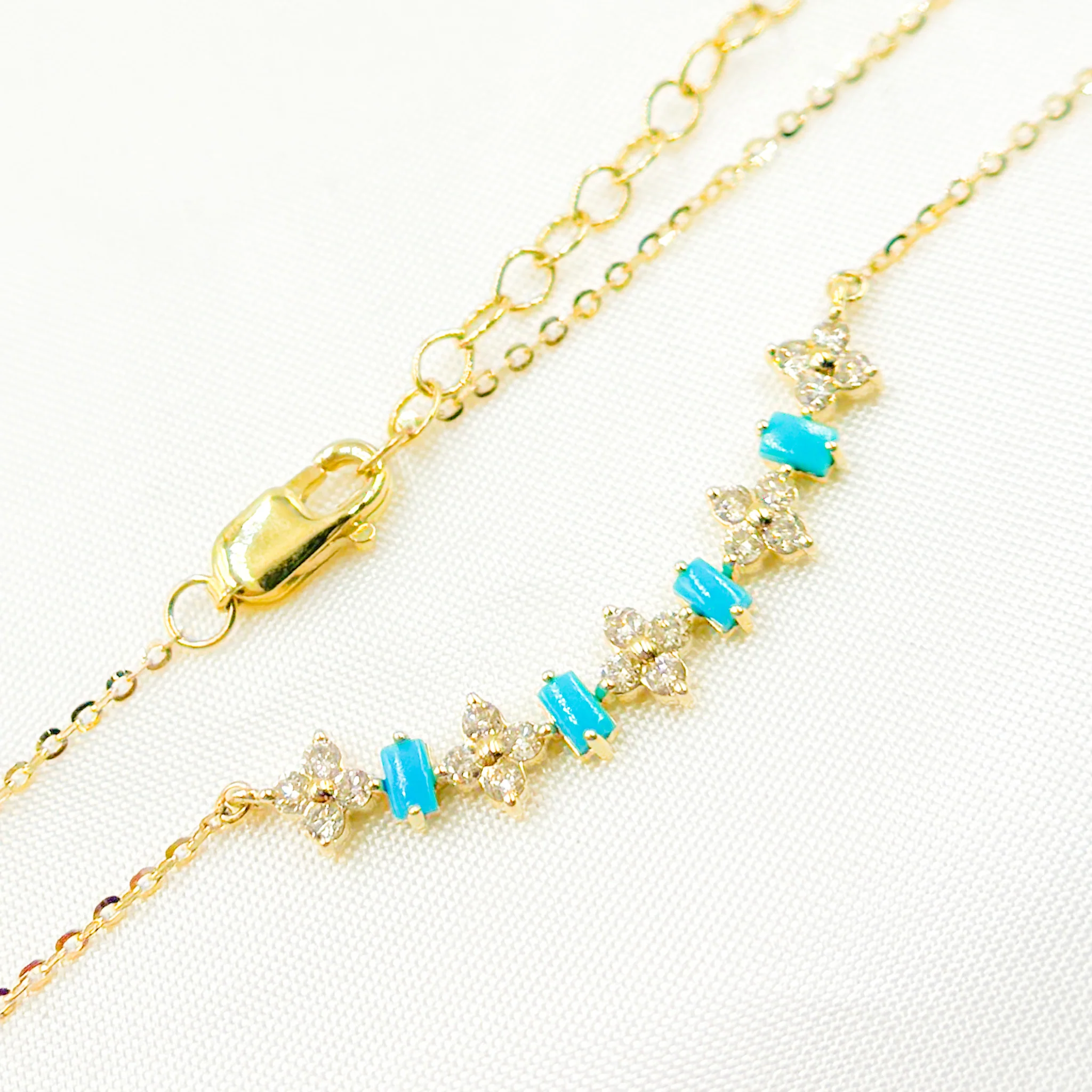 NFE71566. 14K Solid Gold Diamond and Gemstone Flower & Baguette Necklace - Image 8