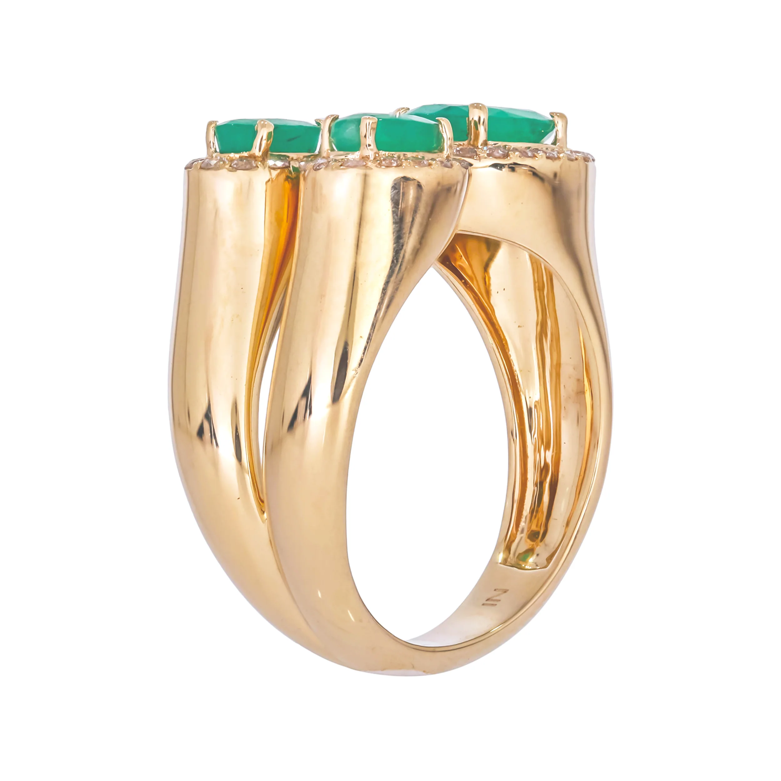 CR96520EM. 14K Solid Gold Diamond and Emerald Three Ovals Ring - Image 2