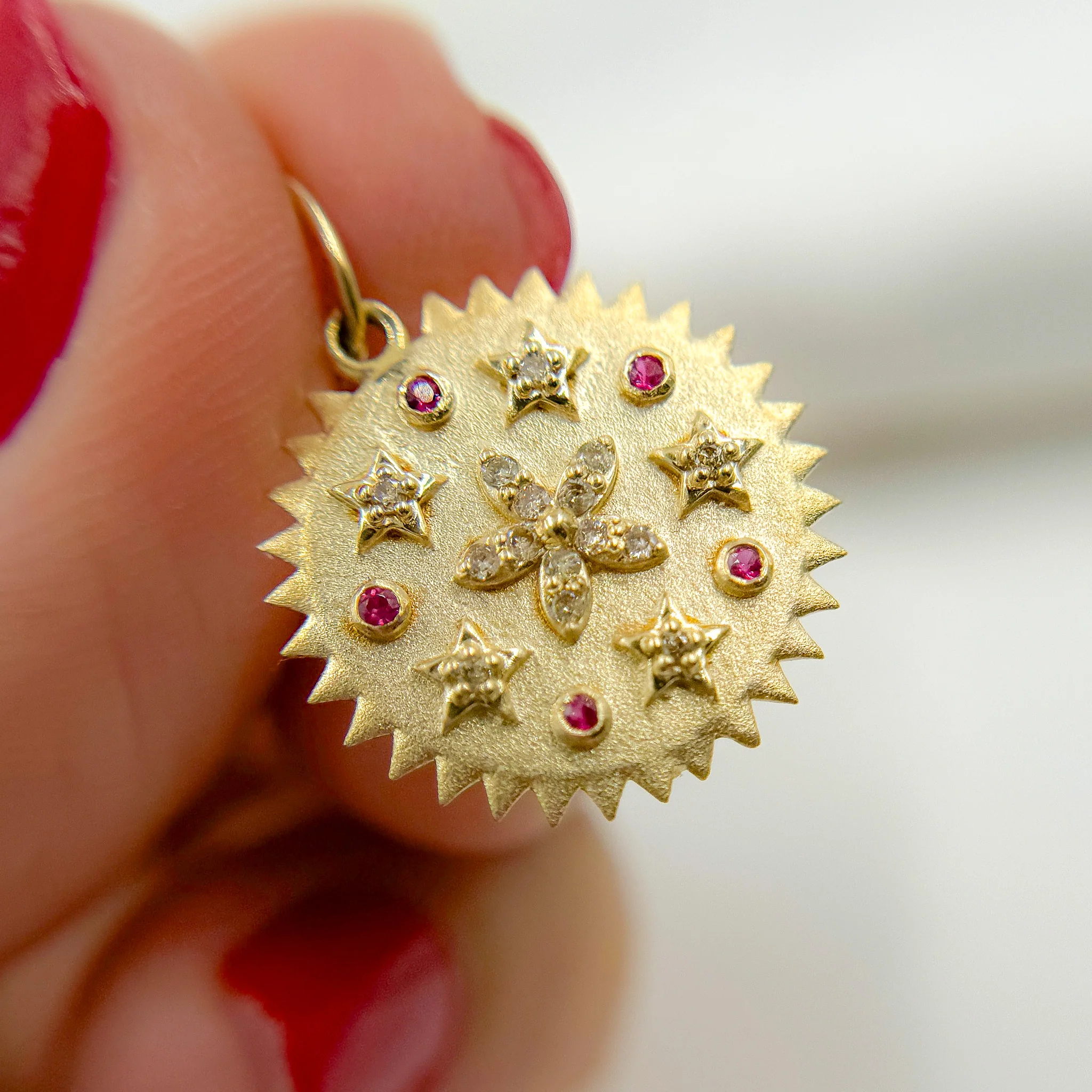 GDP494. 14k Solid Gold Diamond and Gemstone Circle and Flower Charm