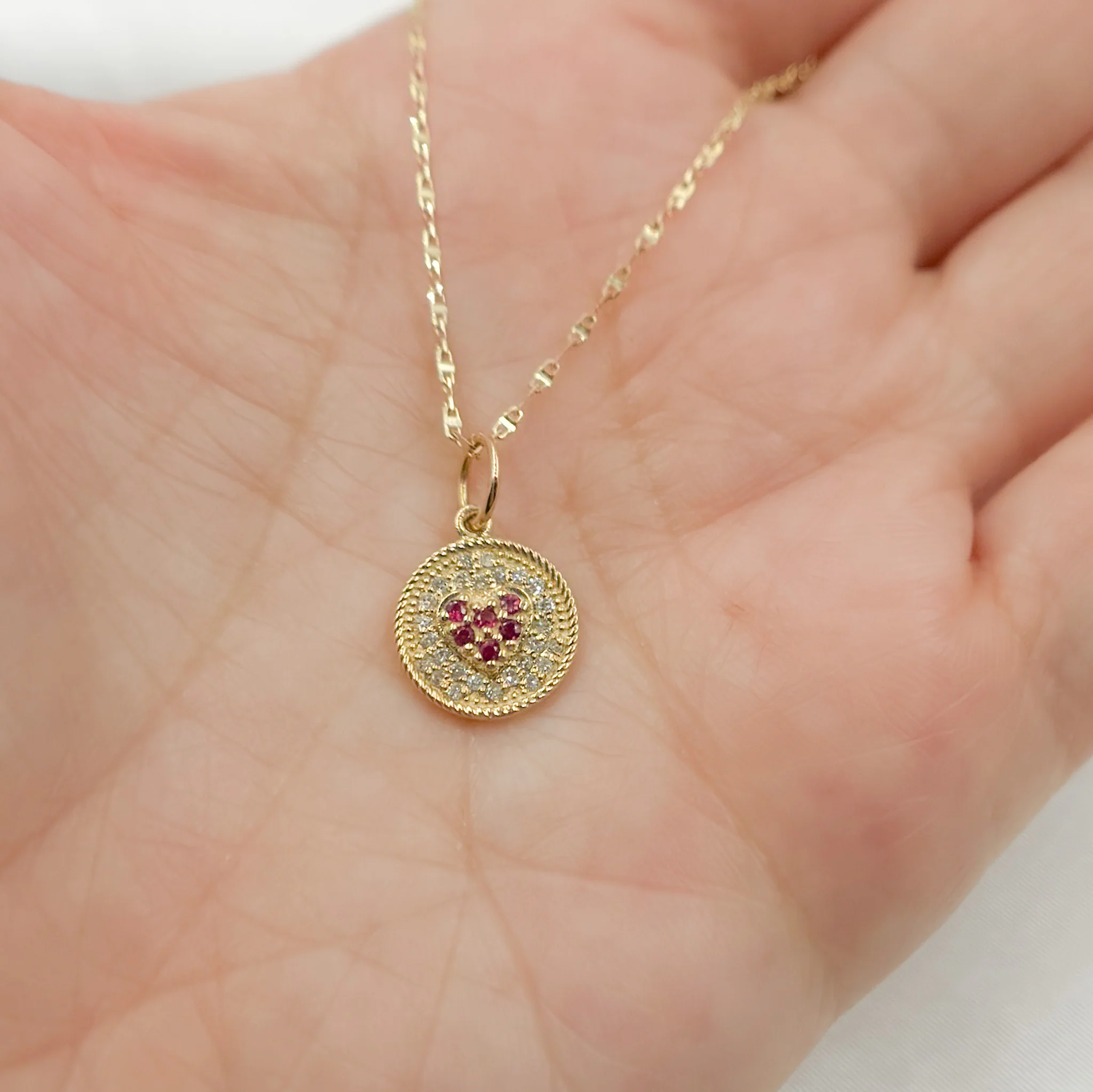 14k Solid Gold Diamond and Gemstone Circle Heart Charm. GDP409