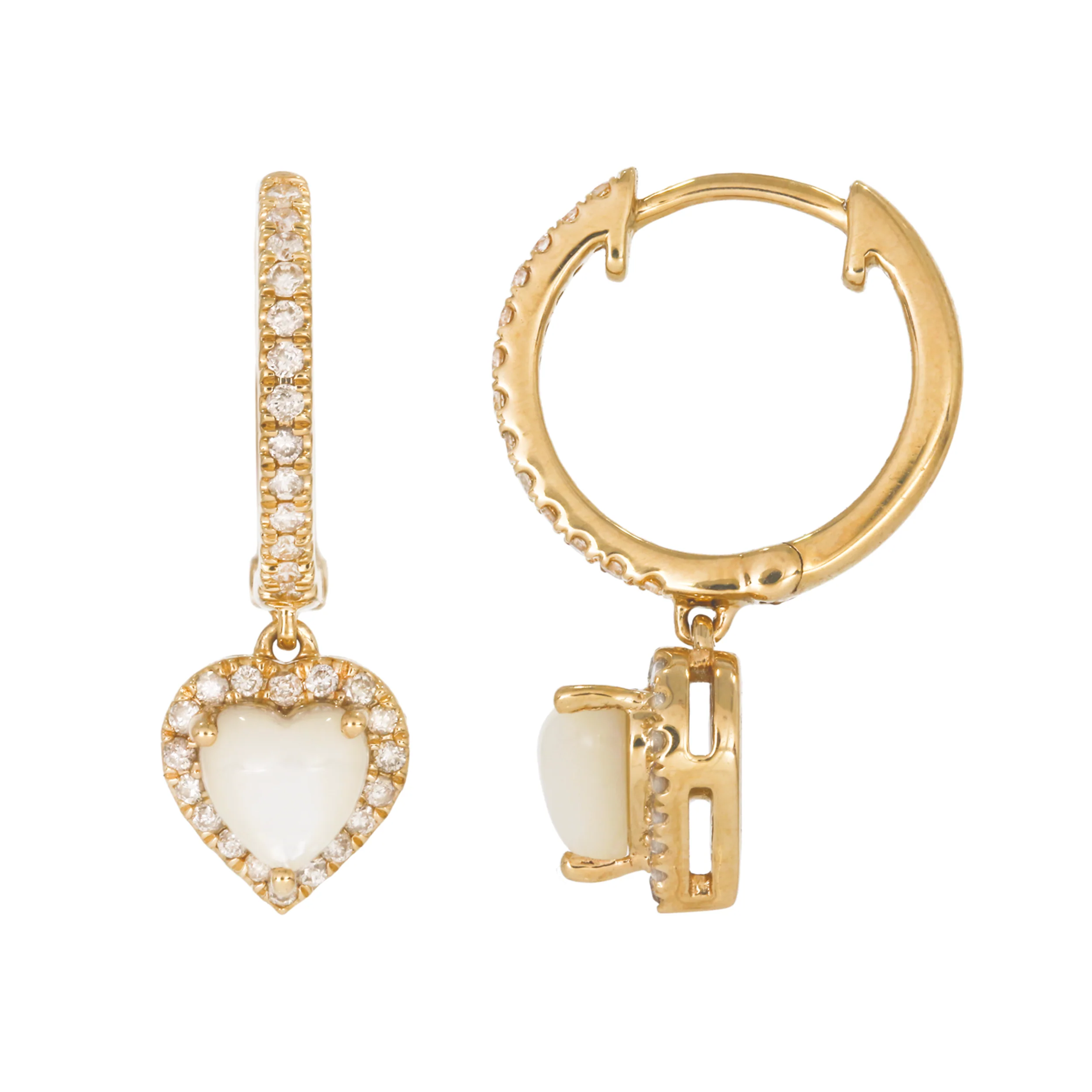 EFF53038PL. 14k Solid Gold Diamond and Gemstone Dangle Heart Hoop Earrings - Image 3