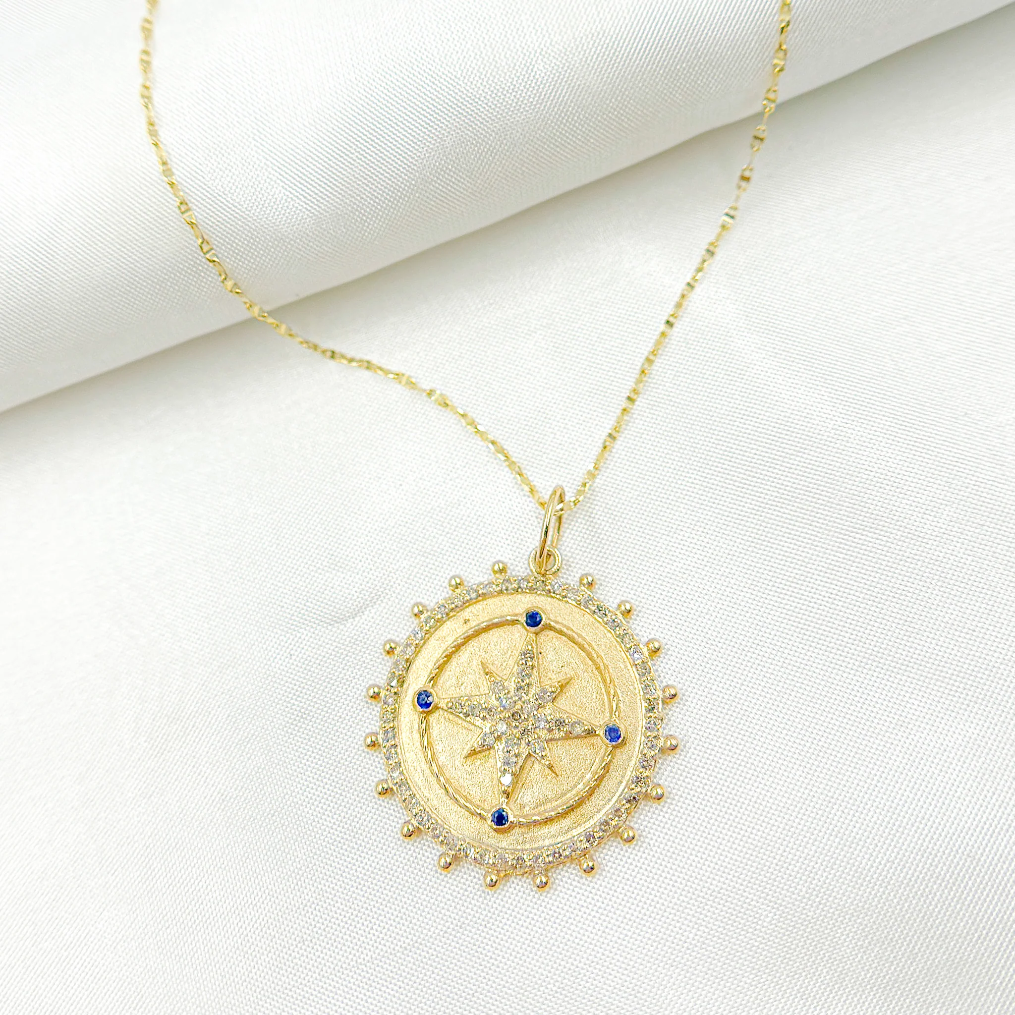 14k Solid Gold Diamond and Gemstone Star Circle Charm. GDP529