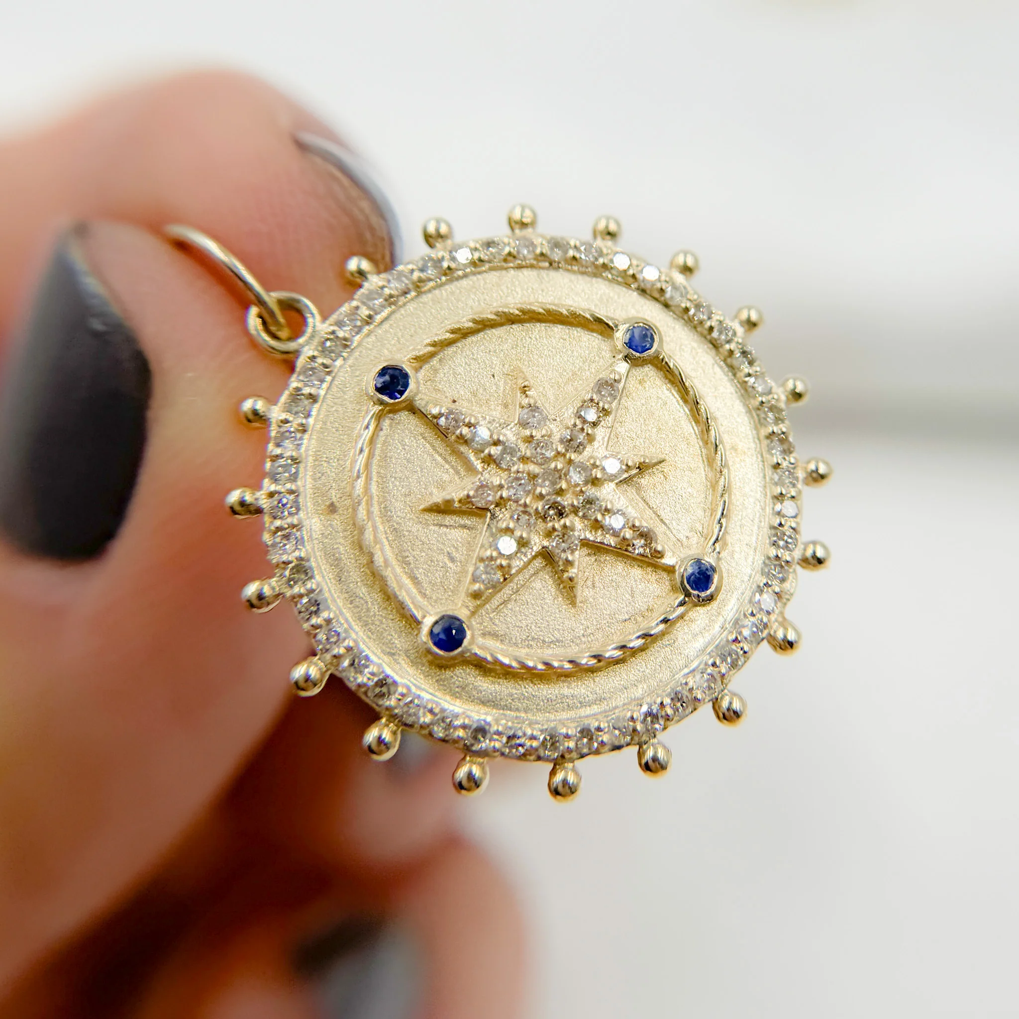 14k Solid Gold Diamond and Gemstone Star Circle Charm. GDP529 - Image 2