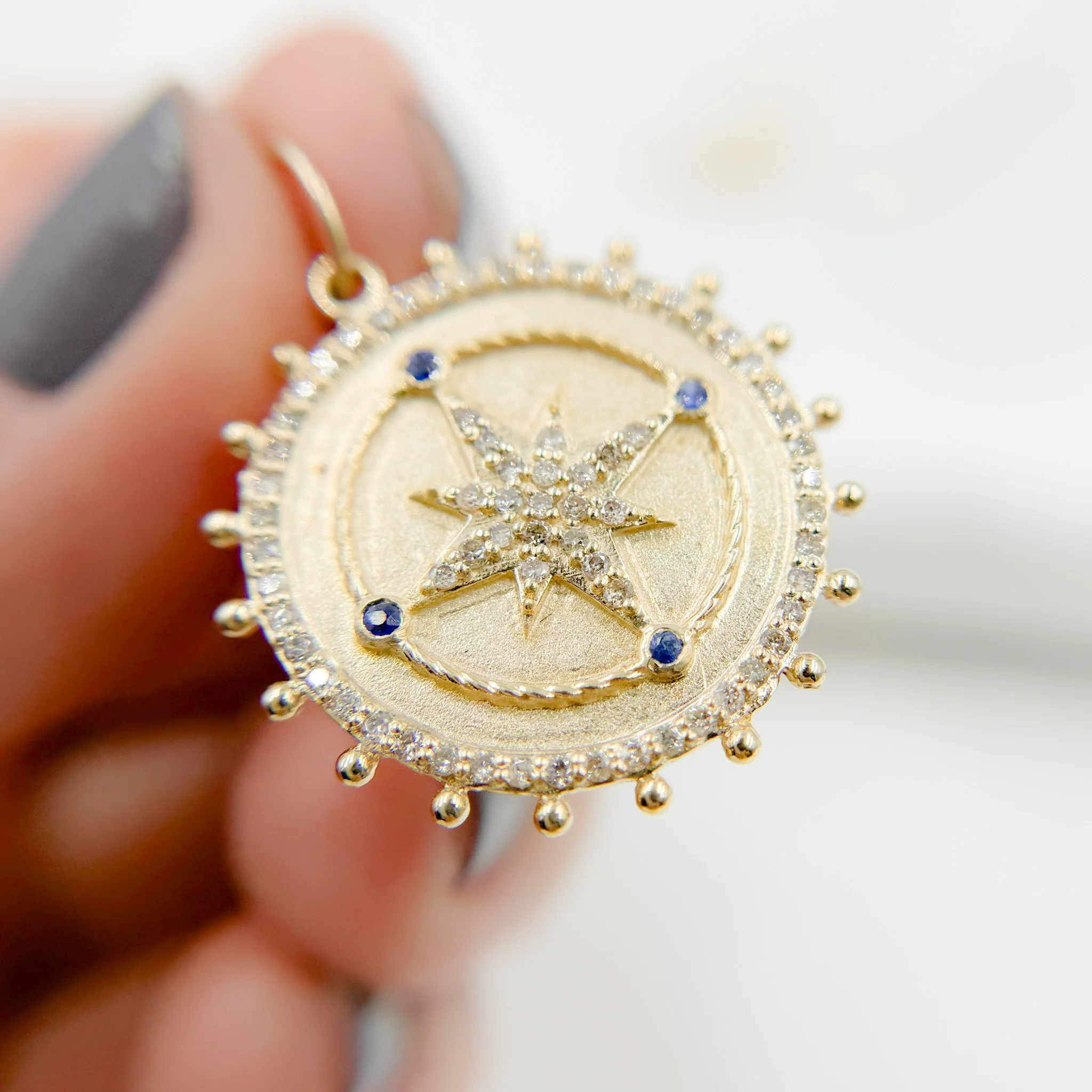 14k Solid Gold Diamond and Gemstone Star Circle Charm. GDP529 - Image 4