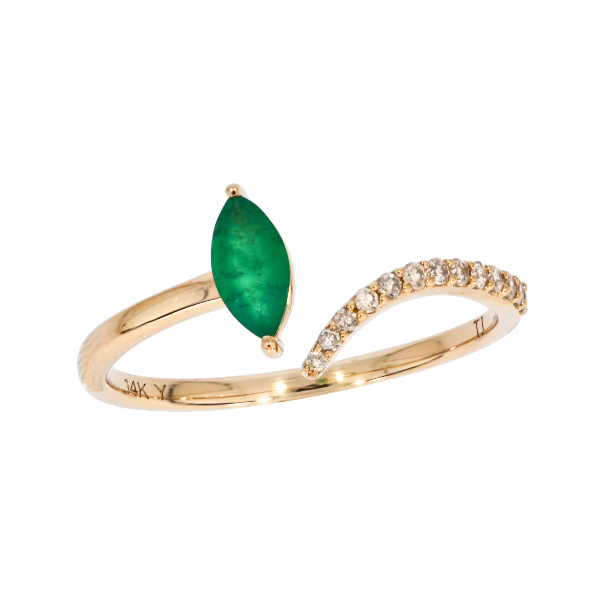 CR96475EM7X3.5. 14K Solid Gold Diamond and Leaf Emerald Ring