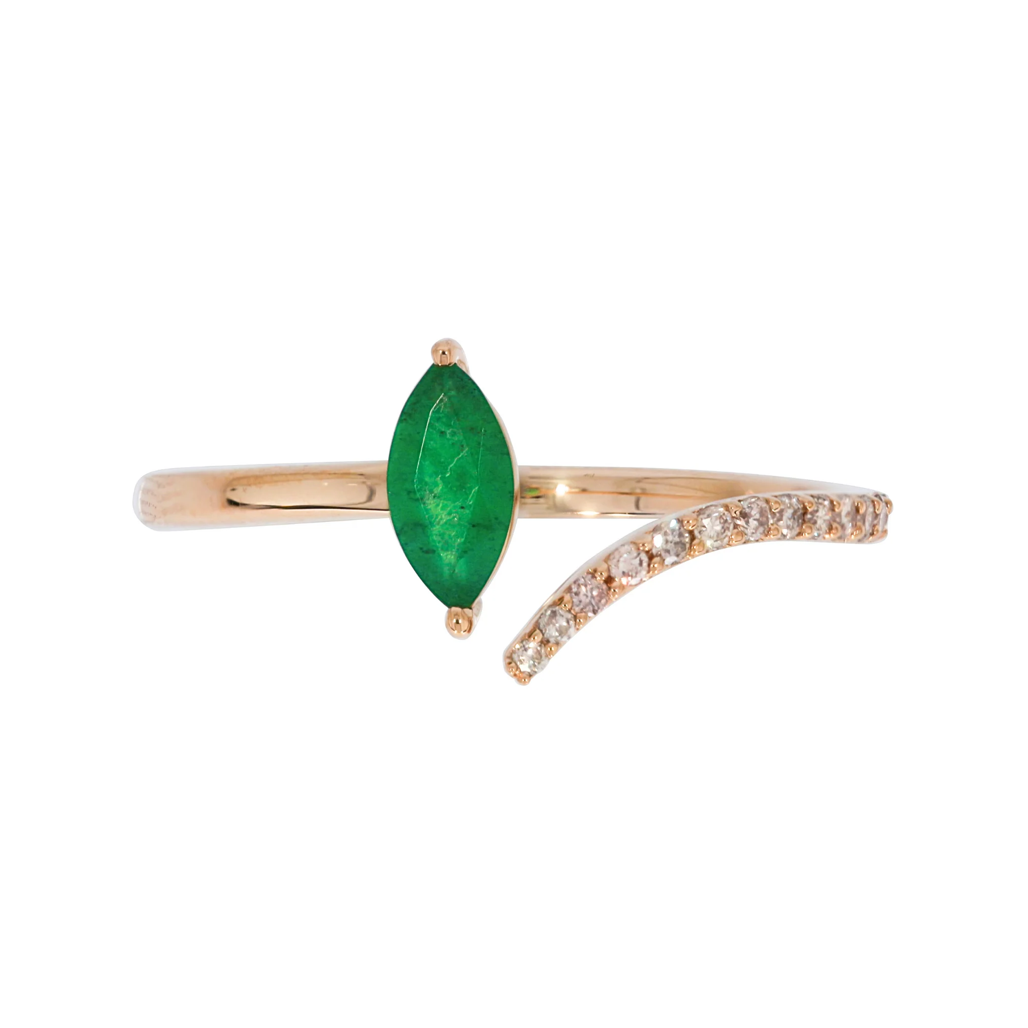 CR96475EM7X3.5. 14K Solid Gold Diamond and Leaf Emerald Ring - Image 4