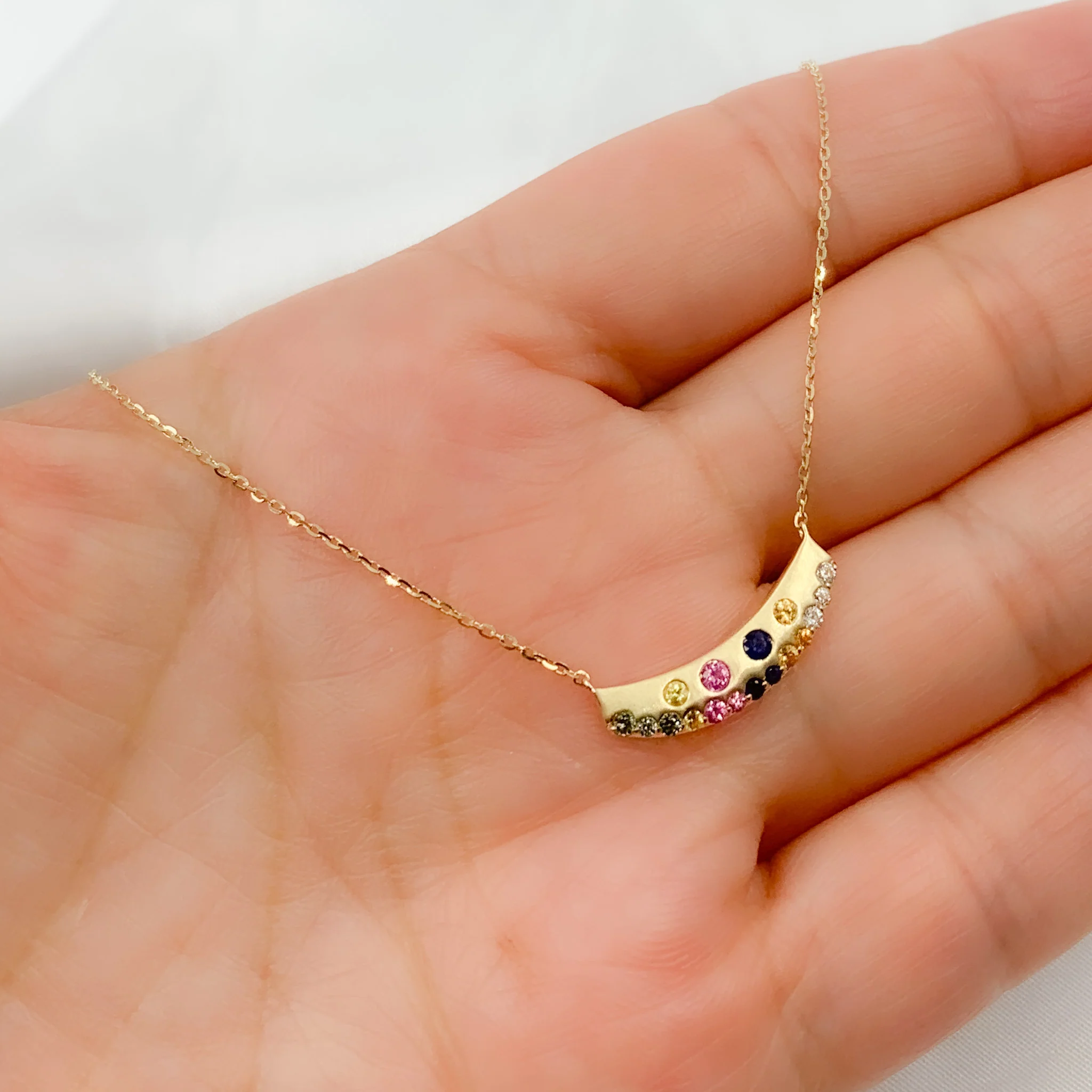 NT405721. 14K Solid Gold Diamond and Multi Sapphire Bar Necklace - Image 2