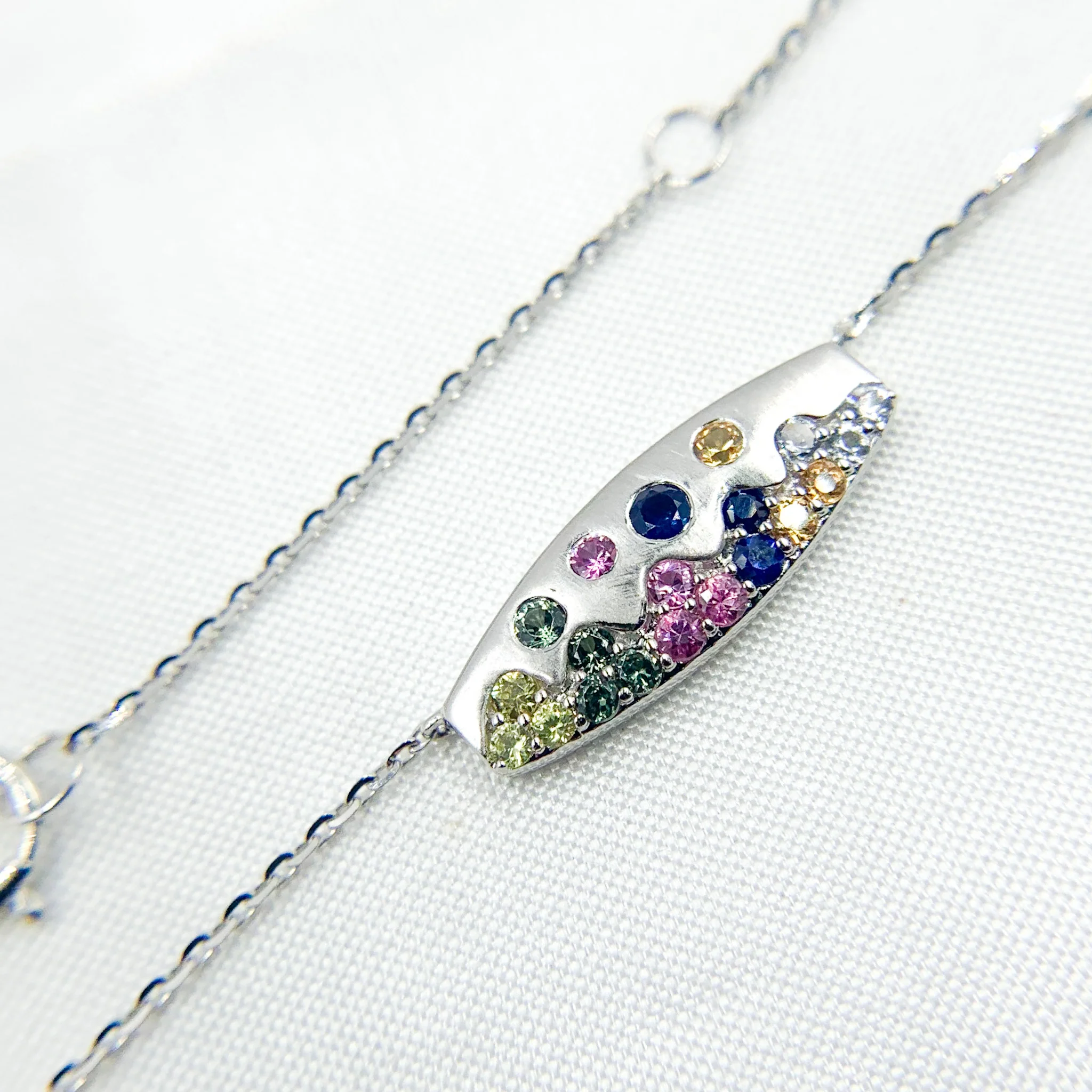 NT405723. 14K Solid Gold Diamond and Multi Sapphire Bar Necklace - Image 4