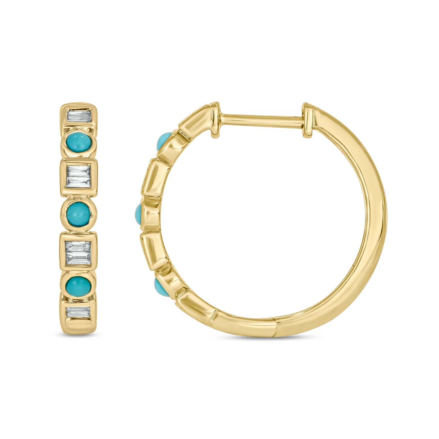 EHC56723TQ. 14K Solid Gold Diamond and Turquoise Hoops - Image 3