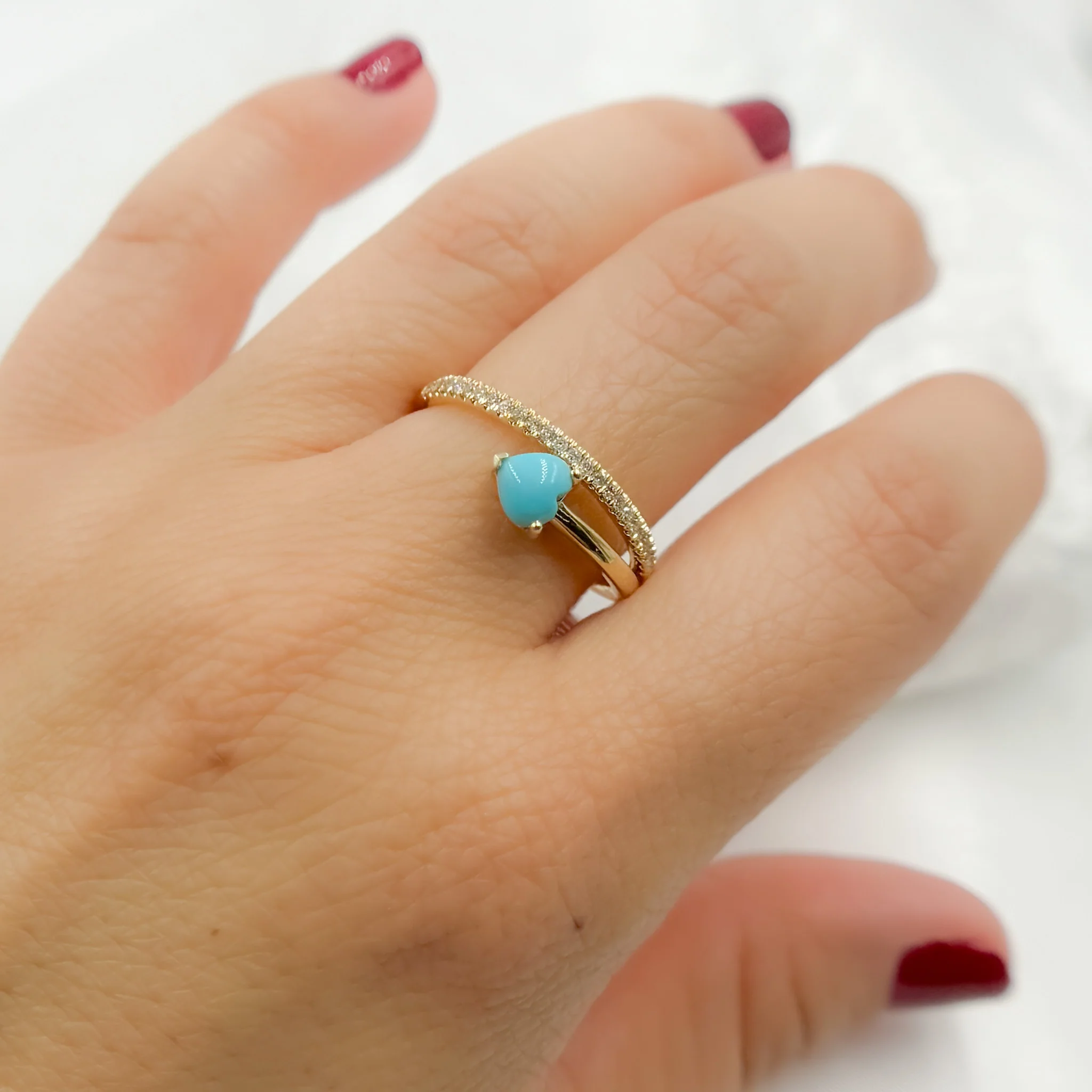 14K Solid Gold Diamond and Turquoise Overlap Heart Ring. CR96243TQ5