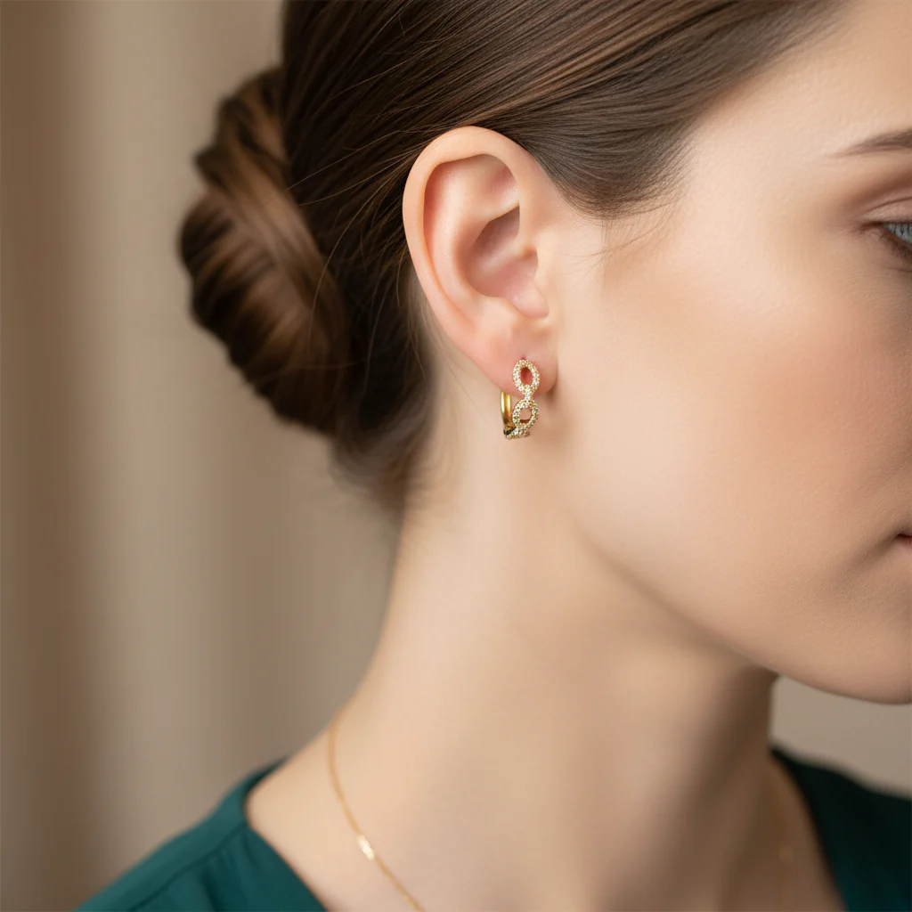 EHF57038. 14K Solid Gold Diamond Chain Hoops