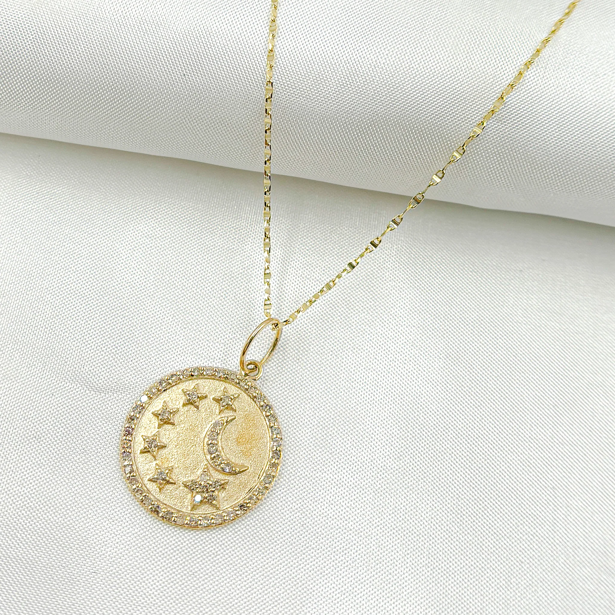 14k Solid Gold Diamond Circle Moon and Stars Charm. GDP620