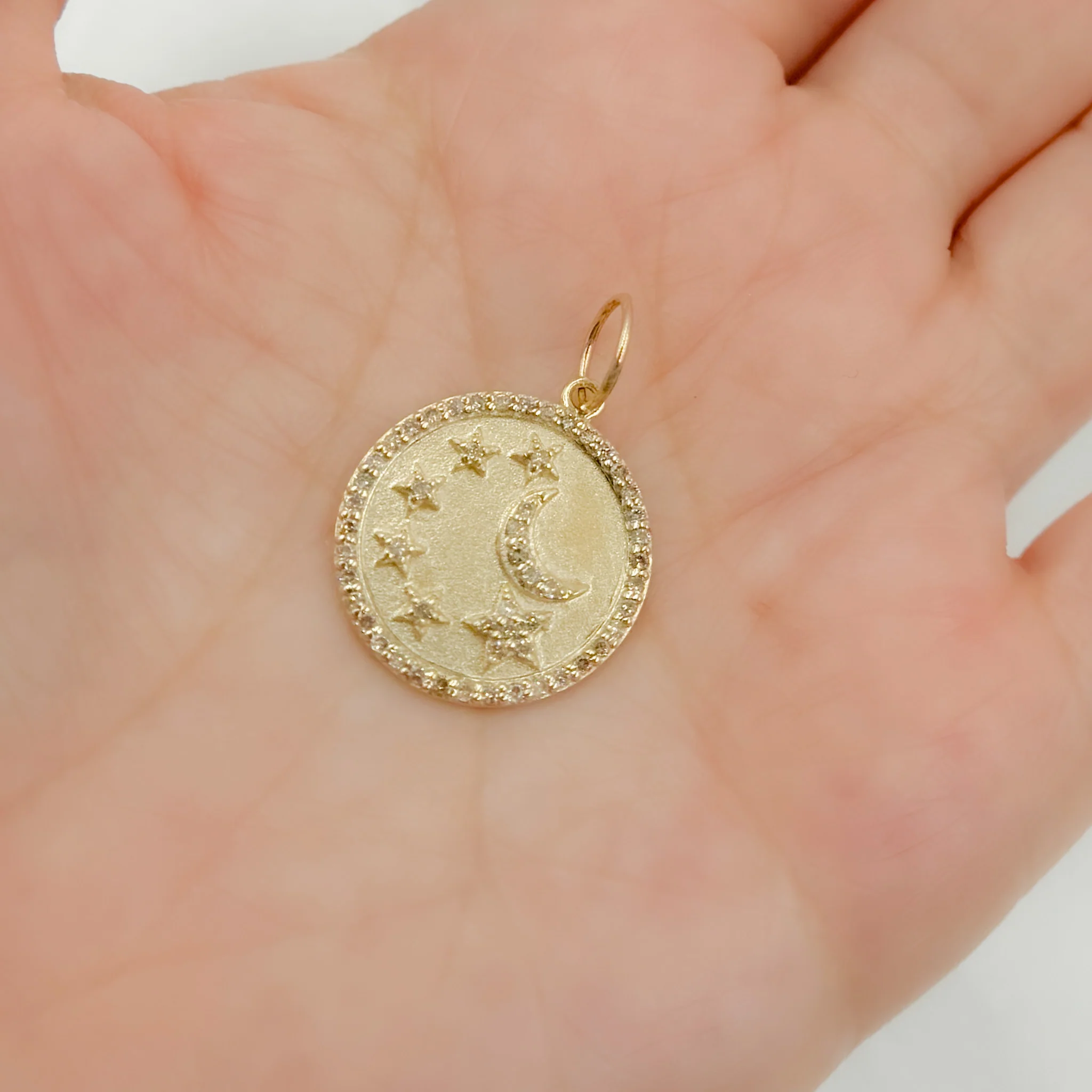 14k Solid Gold Diamond Circle Moon and Stars Charm. GDP620 - Image 2