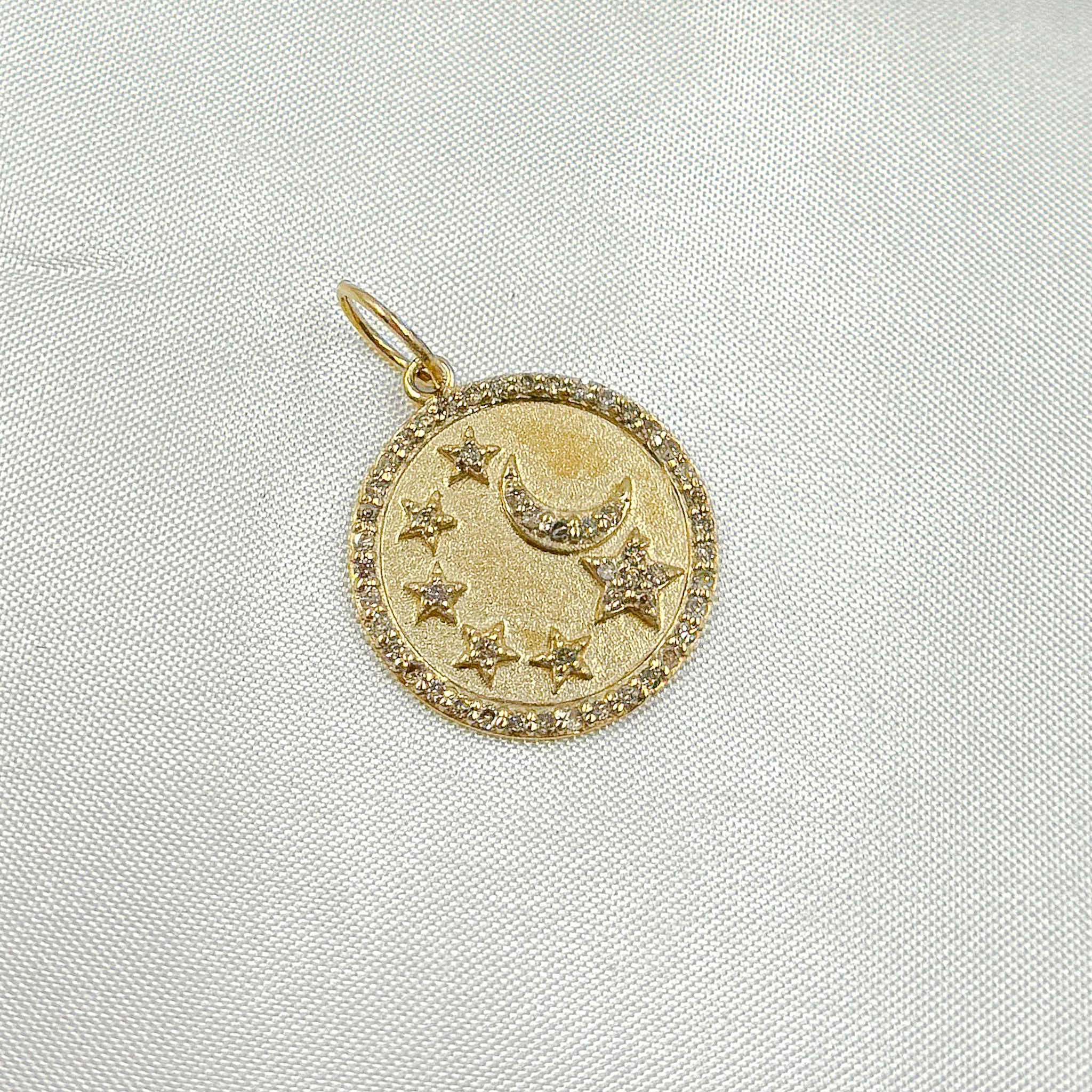 14k Solid Gold Diamond Circle Moon and Stars Charm. GDP620 - Image 3