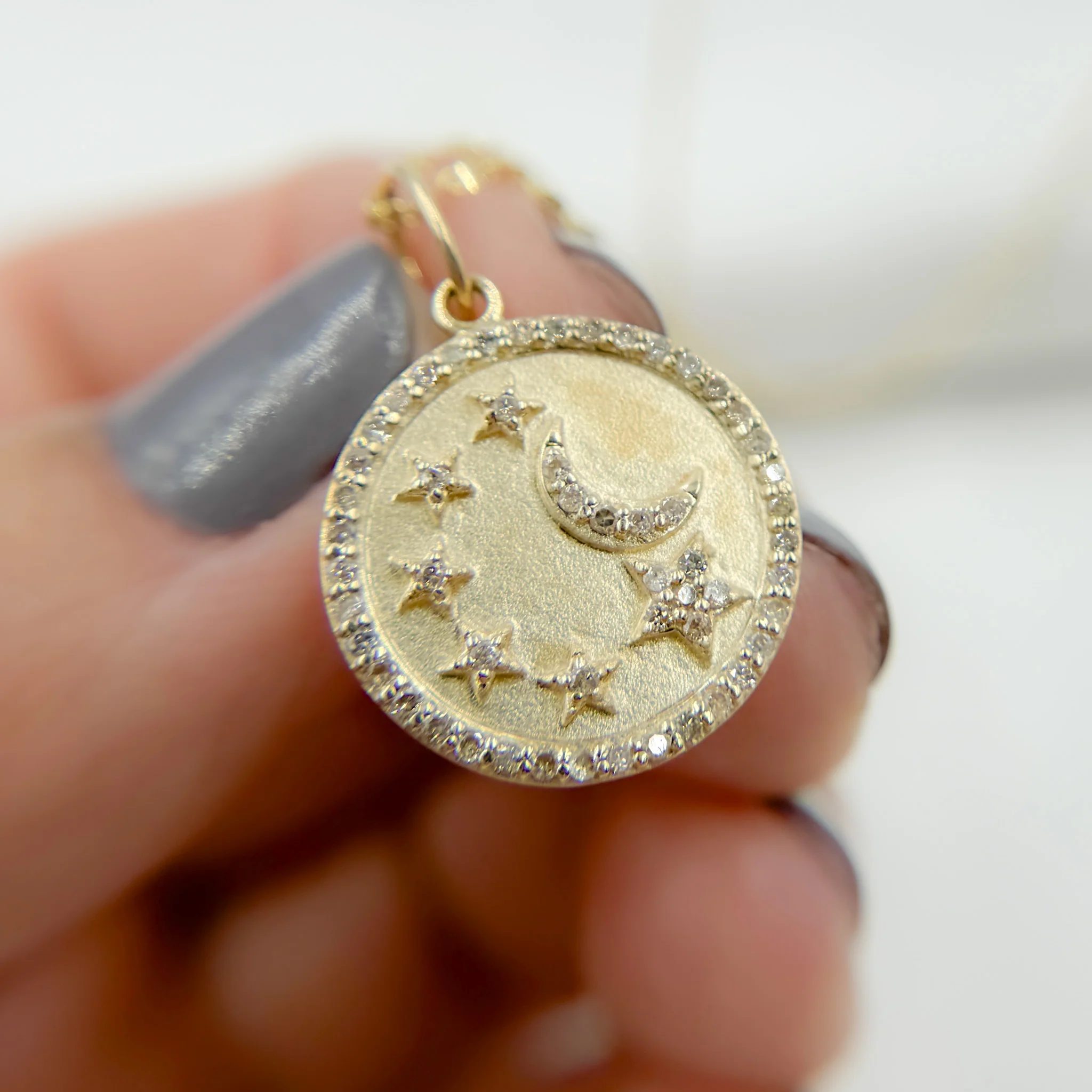 14k Solid Gold Diamond Circle Moon and Stars Charm. GDP620 - Image 4