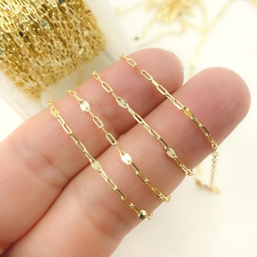 040FL83T5byFt. 14K Solid Gold Diamond Cut Paperclip & Marina Mirror Link Chain - Image 5
