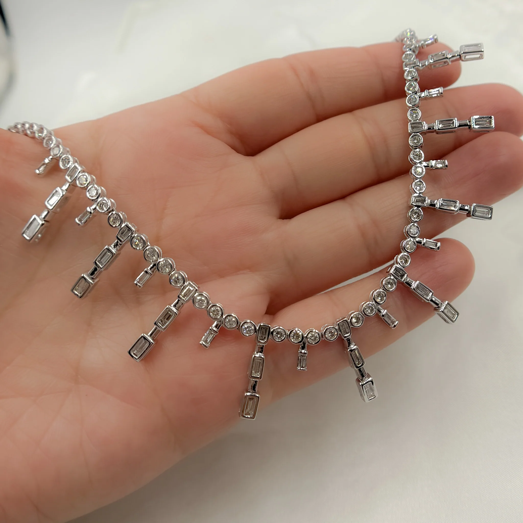 NFT71052. 14K Solid White Gold Diamond Dangle Bars Necklace - Image 3
