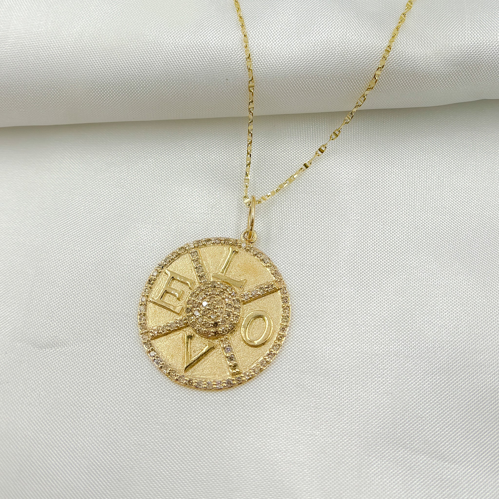 GDP506. 14k Solid Gold Diamond Medallion Love Charm - Image 3