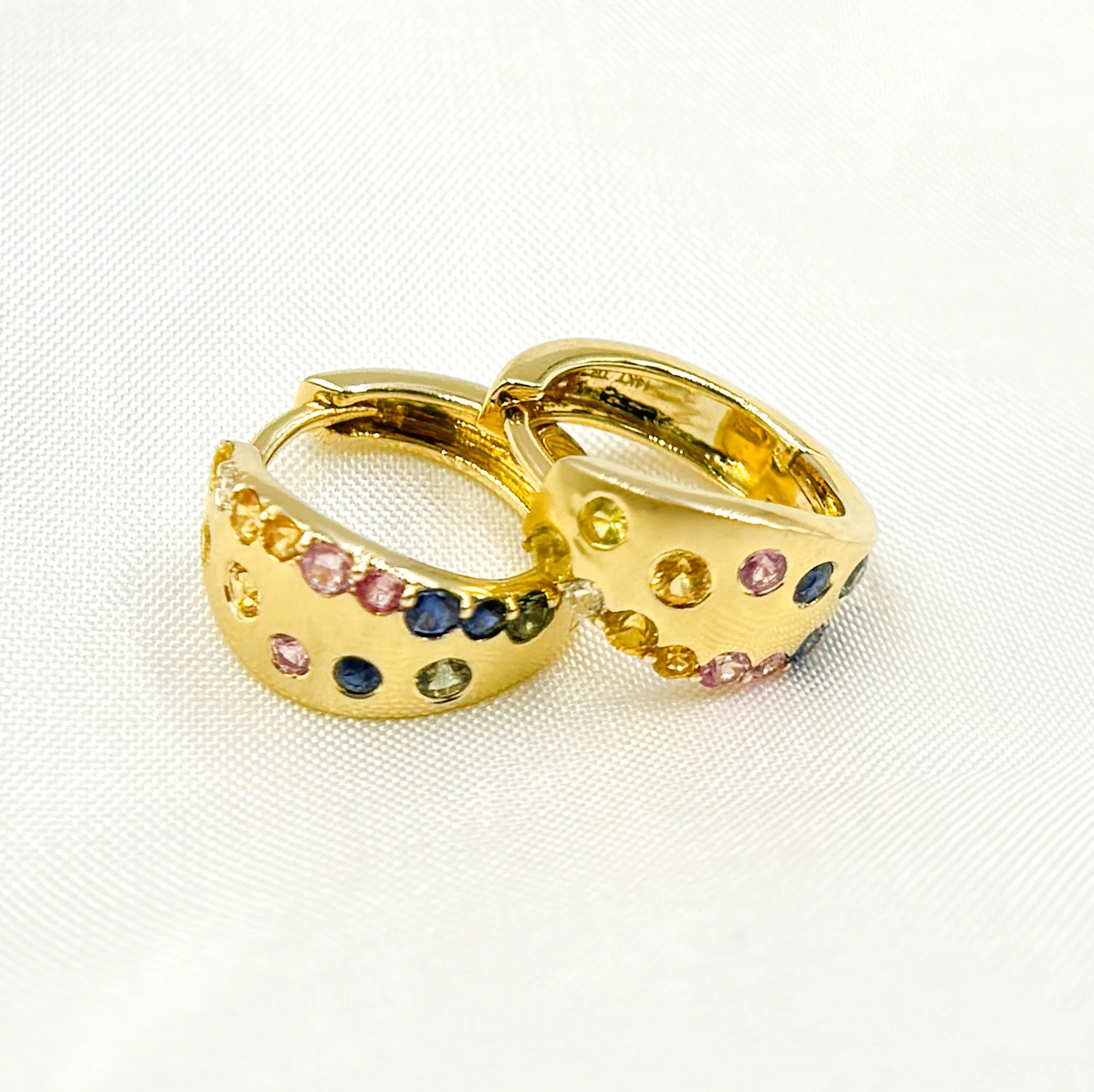 HP402545. 14K Solid Gold Diamond & Multi Sapphire Hoop Earrings - Image 2
