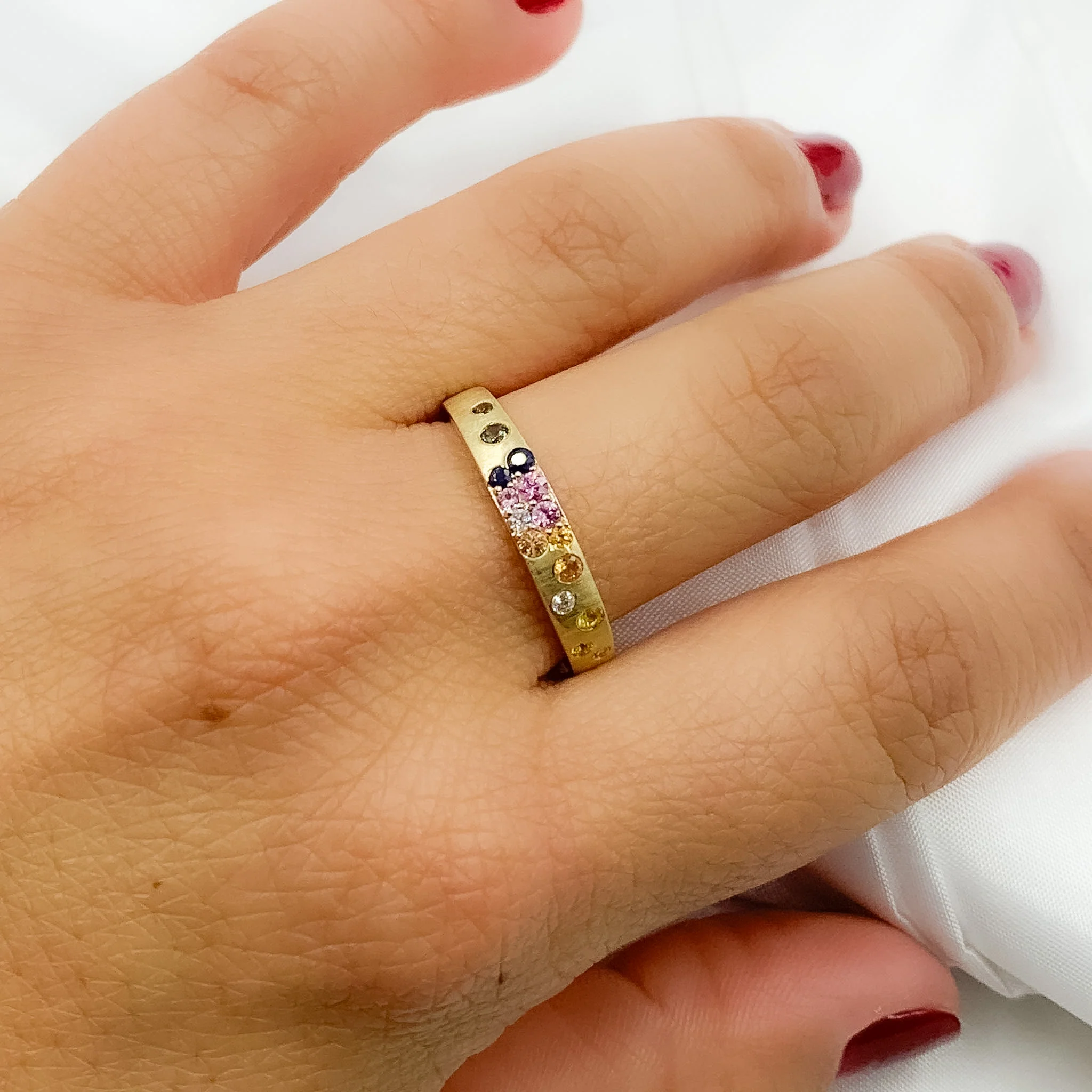 RN412836. 14K Solid Gold Diamond and Multi Sapphire Band Ring - Image 6