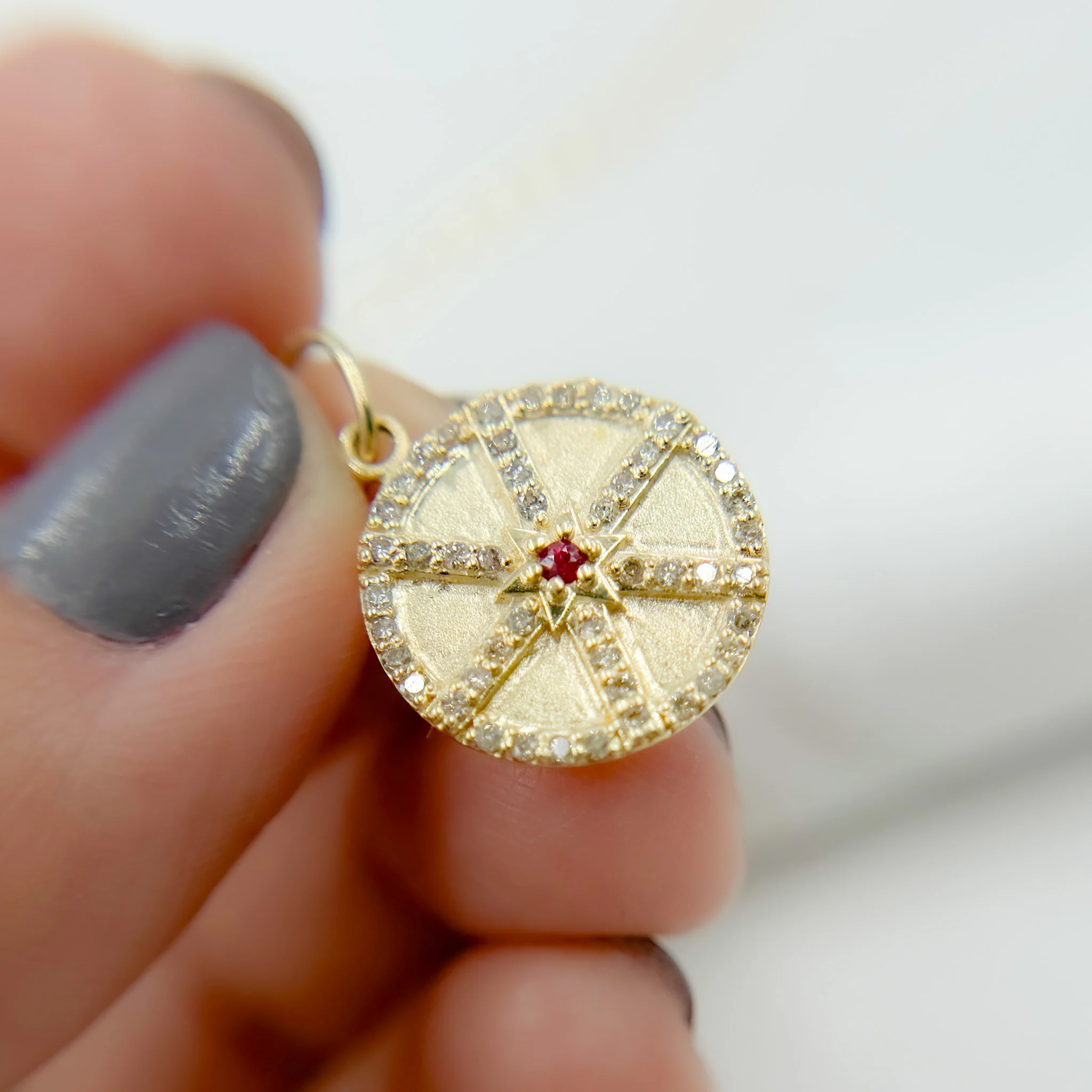 14k Solid Gold Diamond & Ruby Circle Charm. GDP496 - Image 2