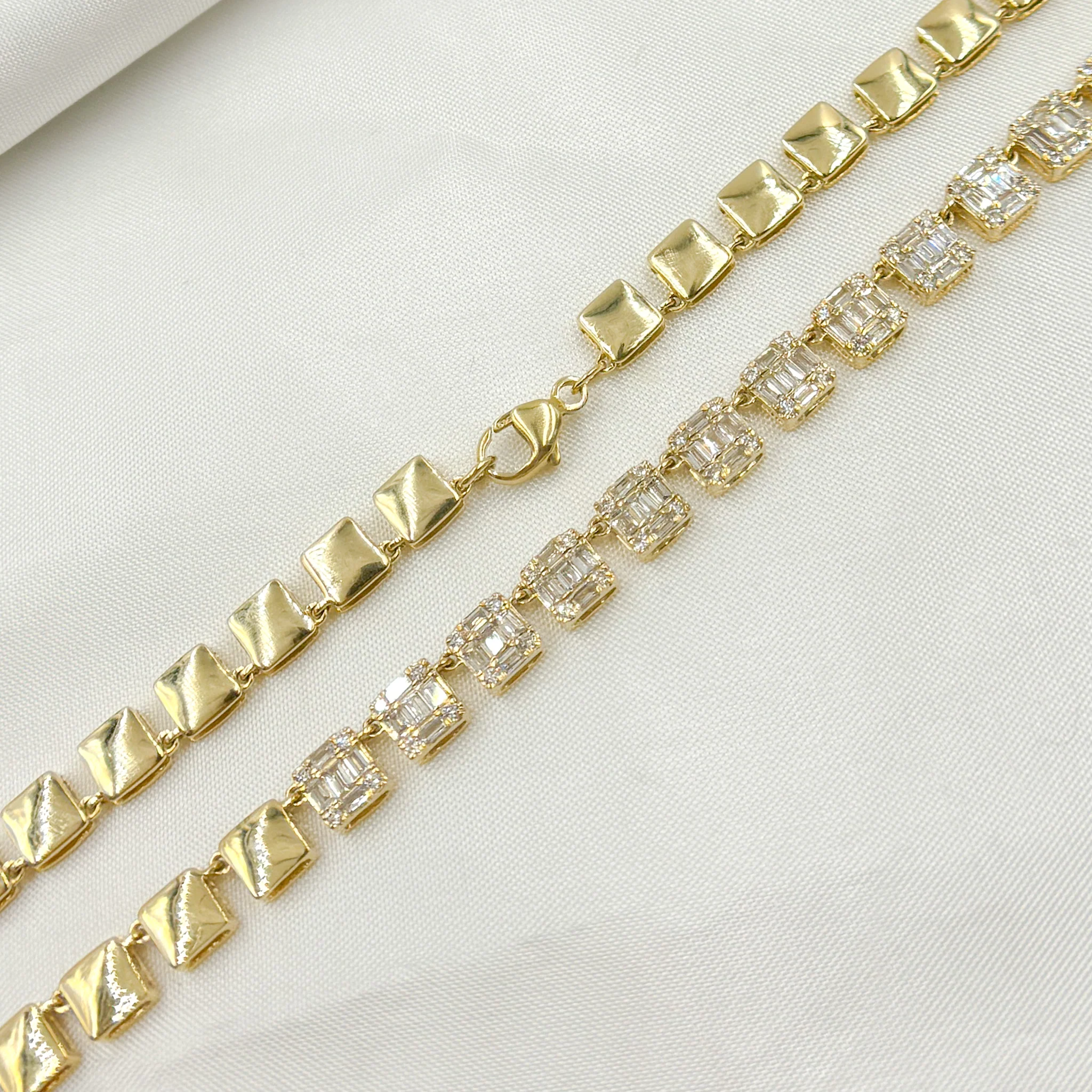 NFP71428. 14K Solid Gold Diamond Baguette Squares Necklace - Image 5