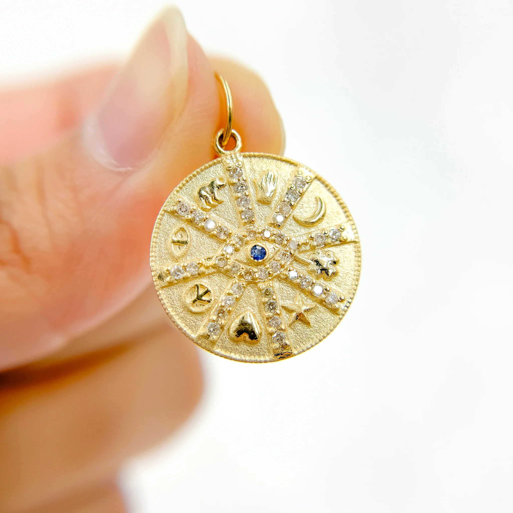 14K Solid Gold Diamonds and Gemstone Circle Charm with Symbols and Evil Eye. GDP554 - Image 3