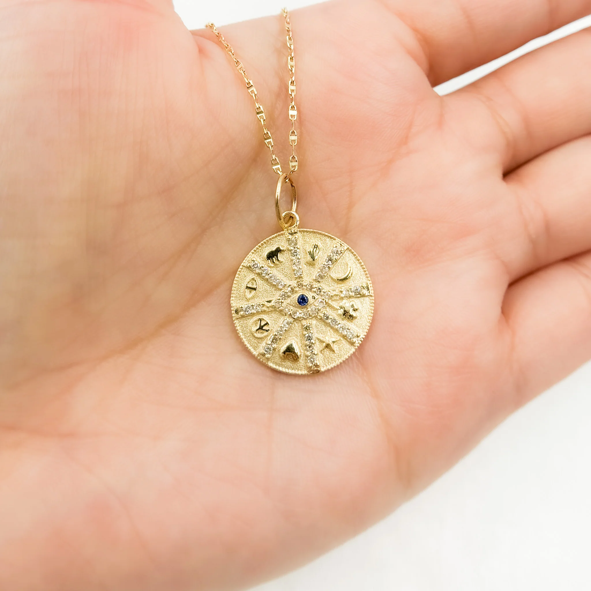 14K Solid Gold Diamonds and Gemstone Circle Charm with Symbols and Evil Eye. GDP554 - Image 4