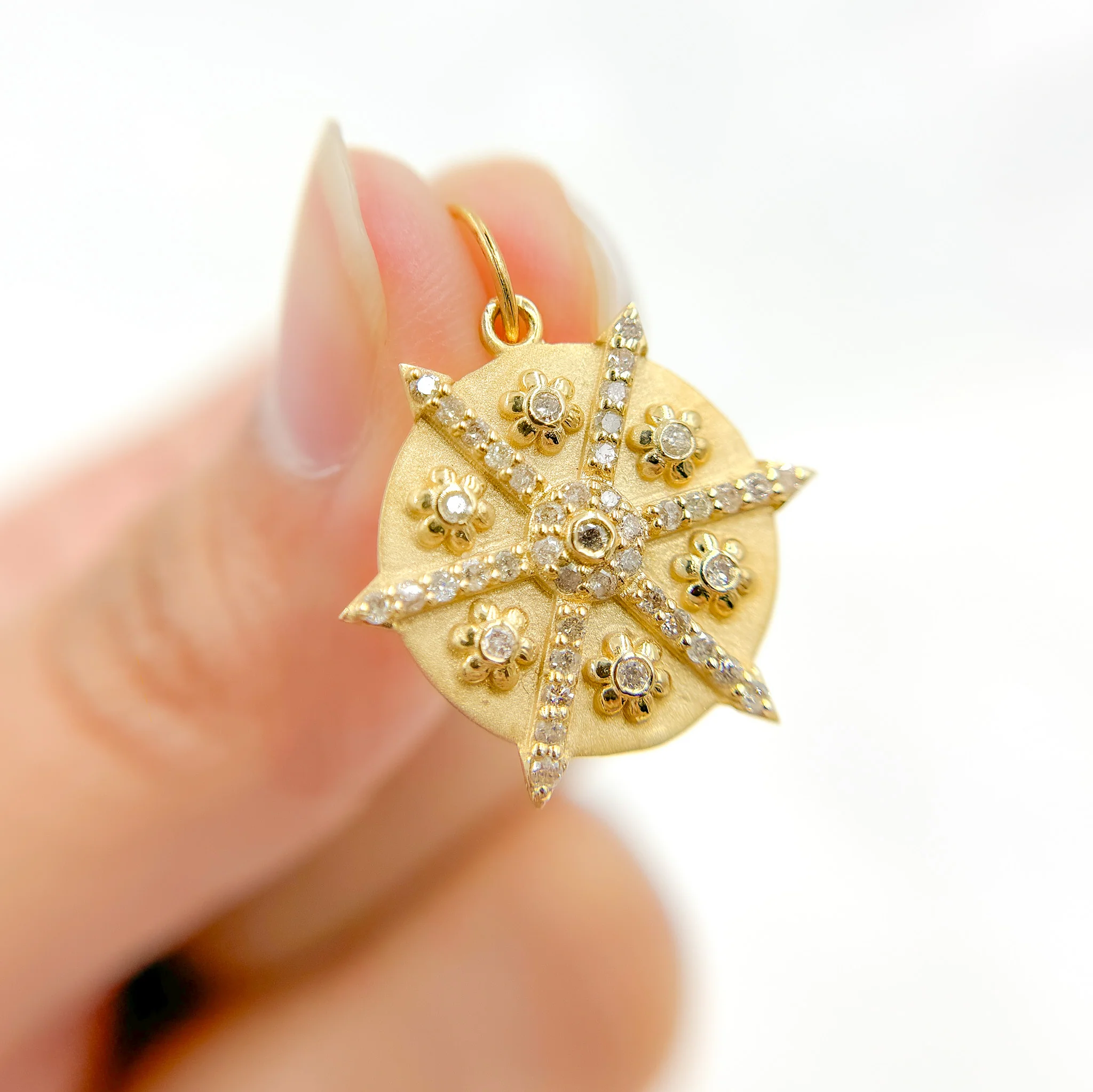 14K Solid Gold Diamonds and Gemstones Circle Charm with Flowers between Arrows. GDP619 - Image 2