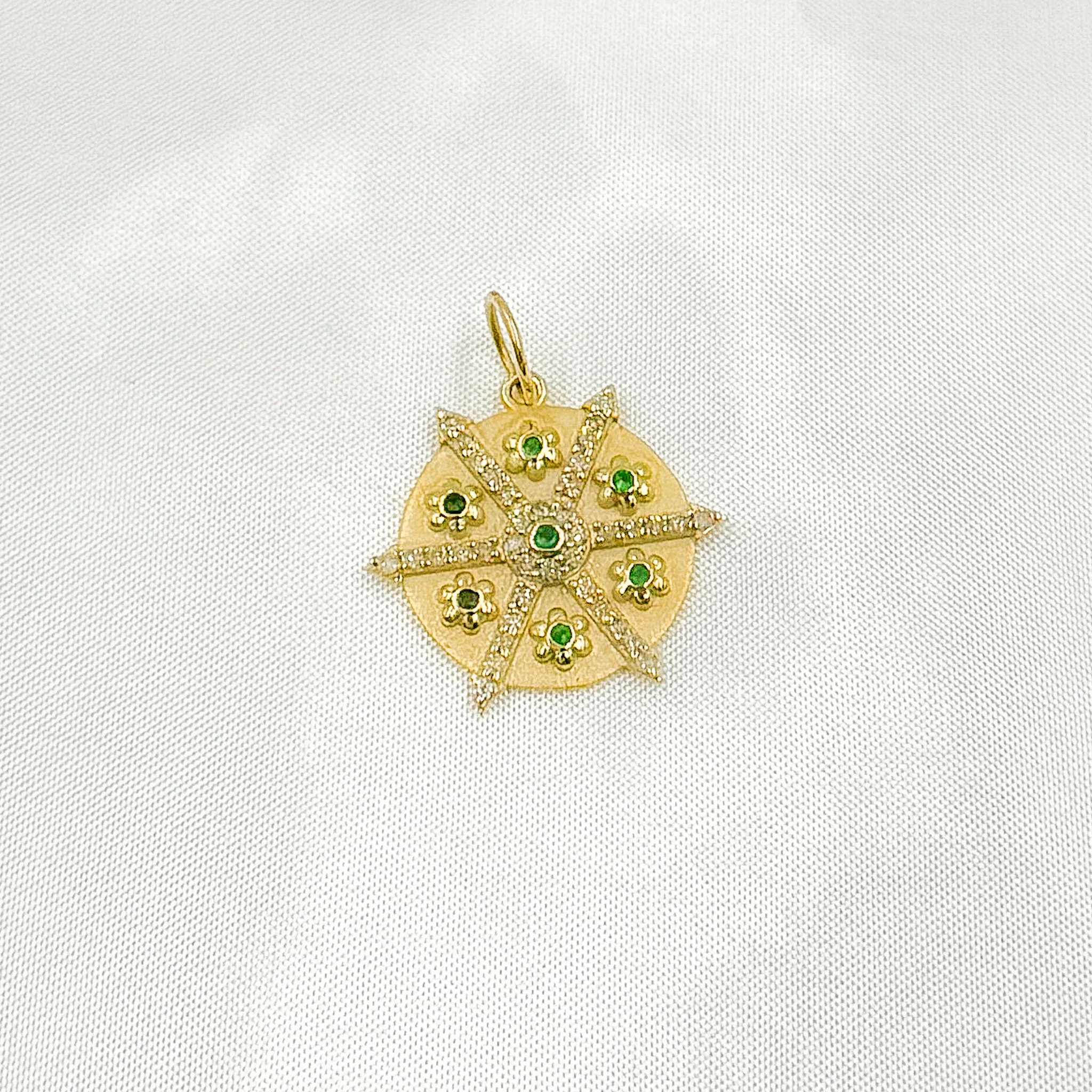 14K Solid Gold Diamonds and Gemstones Circle Charm with Flowers between Arrows. GDP619 - Image 4