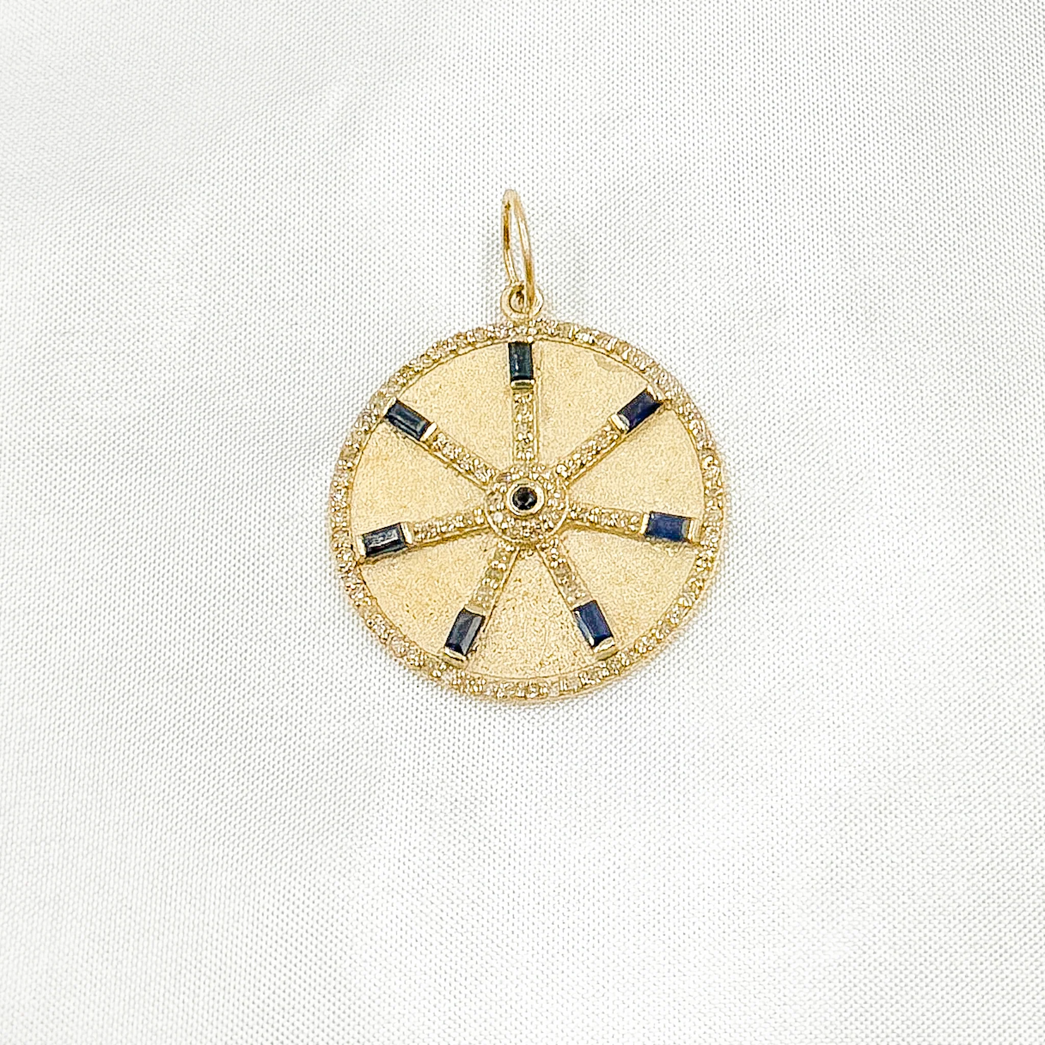 14K Solid Gold Diamonds Circle Charm with Lines and Gemstones. GDP567 - Image 2