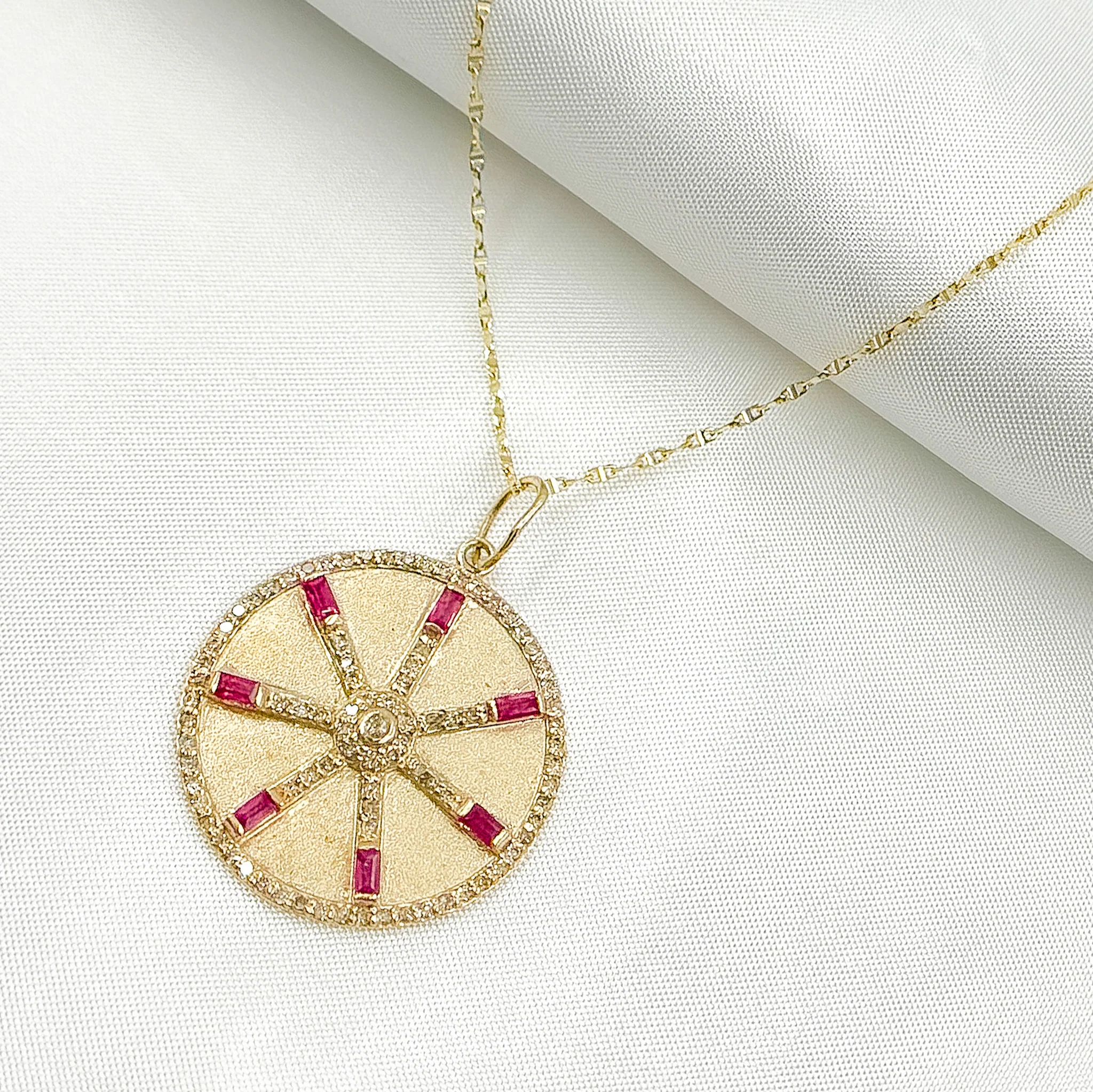 14K Solid Gold Diamonds Circle Charm with Lines and Gemstones. GDP567 - Image 4