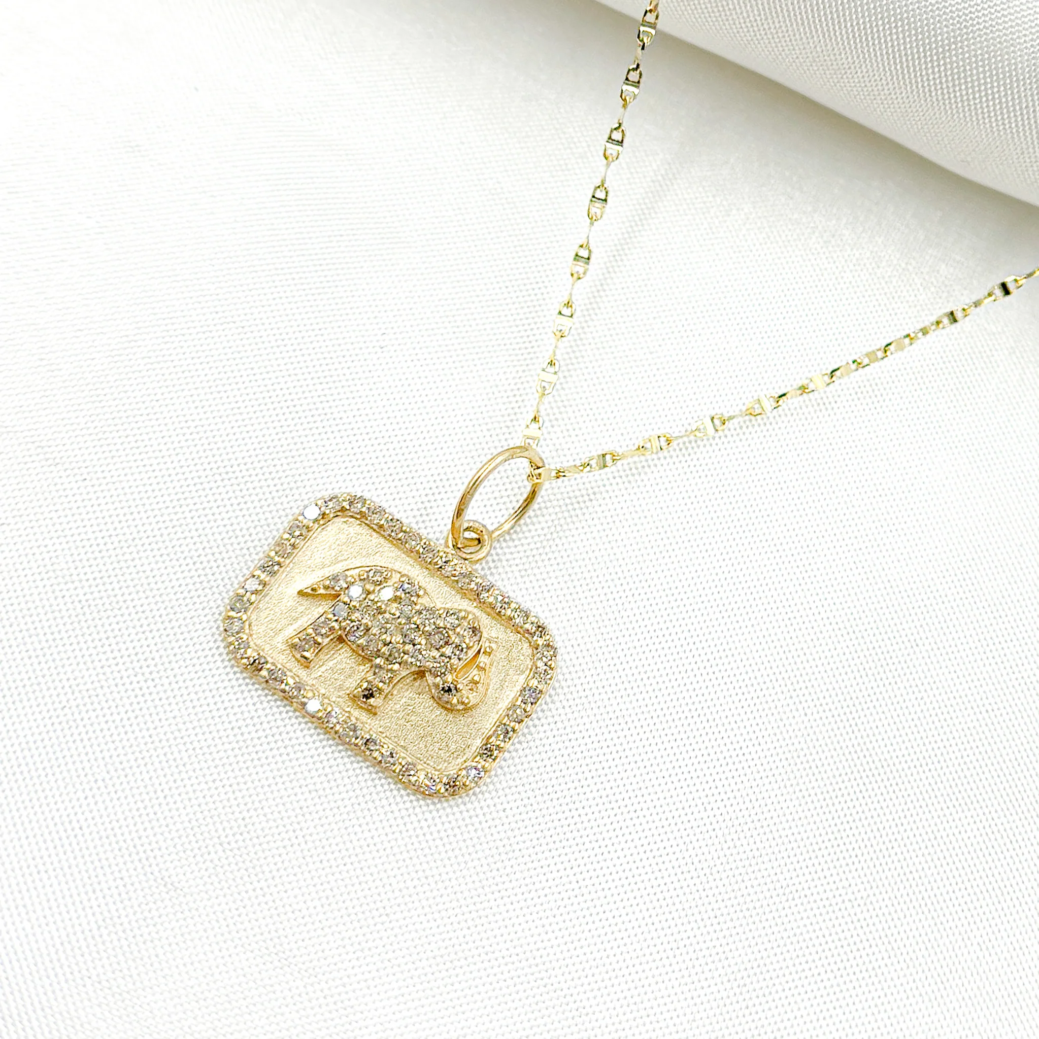 14k Solid Gold Diamonds Elephant Rectangle Charm. GDP517