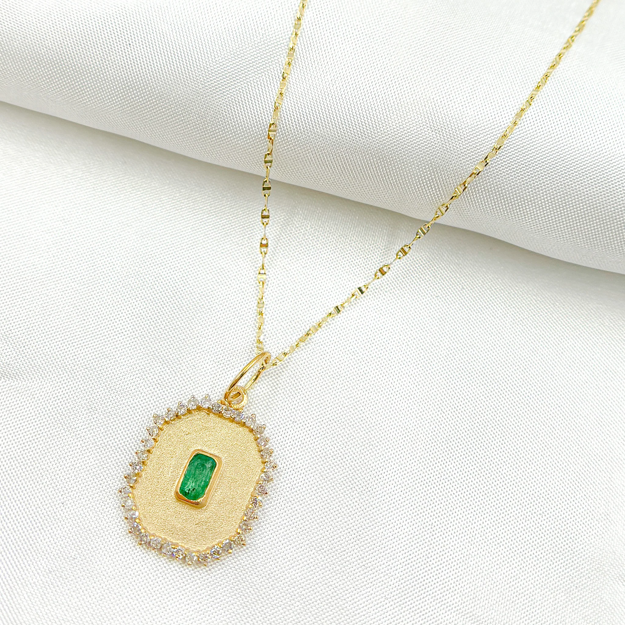 GDP612. 14k Solid Gold Rectangle Shape Emerald and Diamond Charm