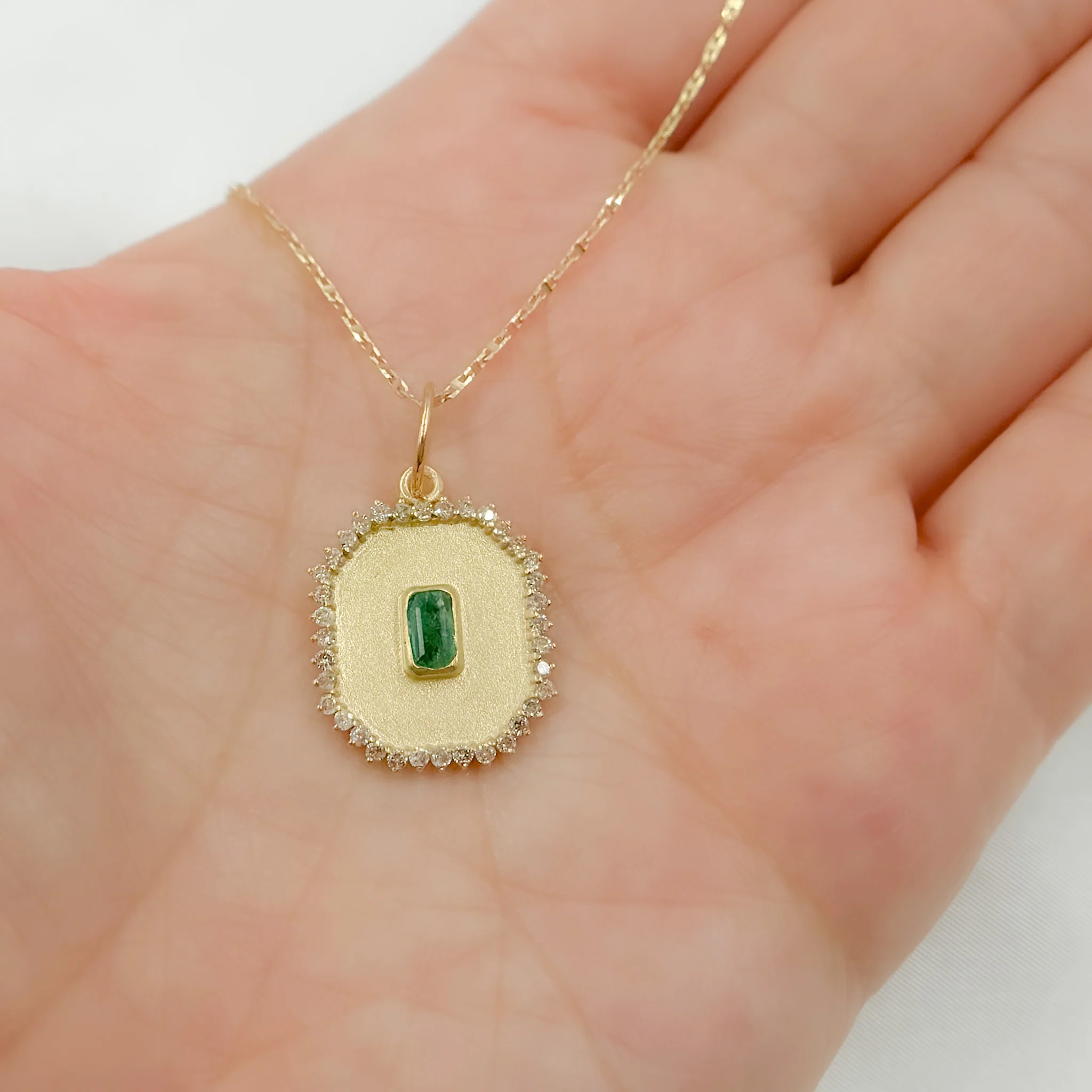 GDP612. 14k Solid Gold Rectangle Shape Emerald and Diamond Charm - Image 2